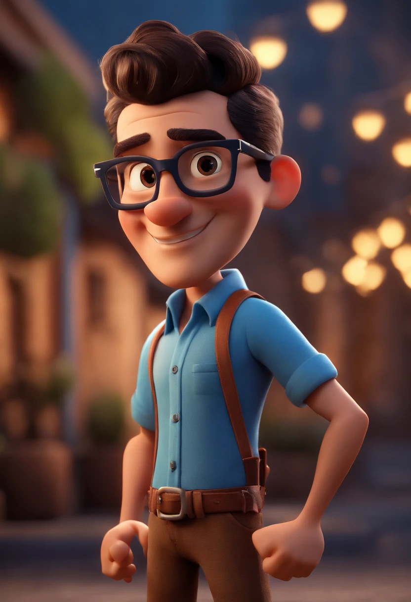 Cartoon character of a man with black glasses and a blue shirt, animation character, Caractere estilizado, animation style rendering, 3D estilizado, Arnold Maya render, 3 d render stylized, toon render keyshot, Personagem 3D, Personagem 3D, 3d rendering stylized, 3 d character render, personagem de desenho animado, Personagem de close up, Pose de personagem,  (Estilo Pixar) (master part:1.2) (Bokeh) (best quality) (pele detalhada) (textura detalhada) (8k) (argila) (Cinematic lighting) (foco nítido