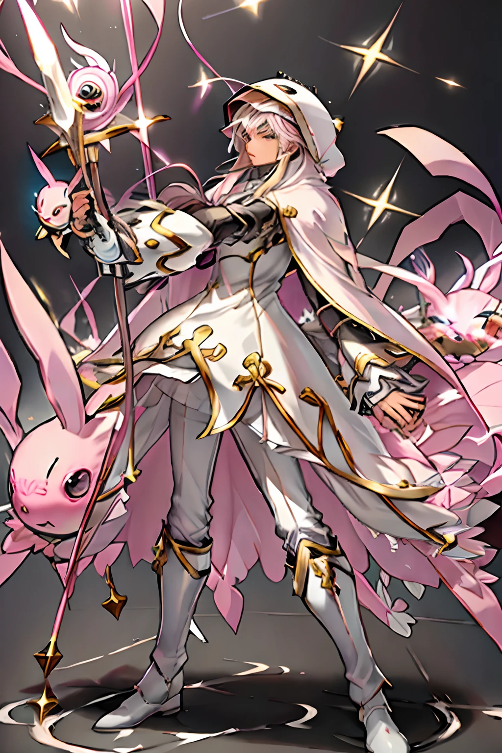 Handsome, slender, ((Sistermon Blanc as a Male)),(( 1boy, solo)), white hair, long hair, grey eyes, white footwear, blush, Priest robes, open mouth, simple background, bangs, blunt bangs, knee boots, long sleeves, sidelocks,((pink Rabbit Hood:1.2)),( high quality), high Aesthetic, ((masterpiece)), battlepriest