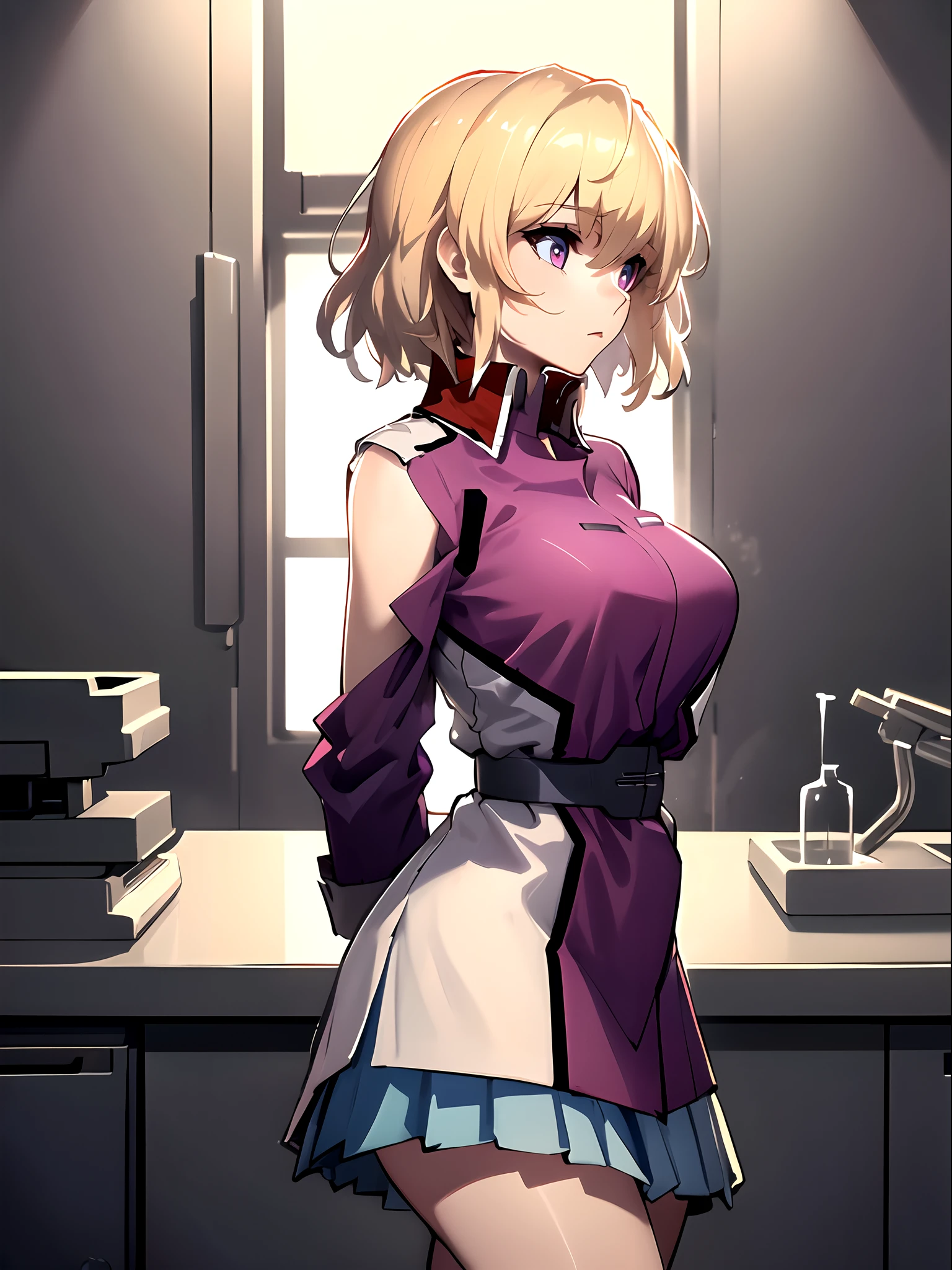 ((masterpiece)), ((best quality)), ((ultra detailed)), 8K, 16K, detailed beautiful face, detailed beautiful eyes, sl1, 1girl, short hair, messy hair, military uniform, skirt, large breasts, narrow waists, expressionless, arms behind back, laboratorium, viewed from side