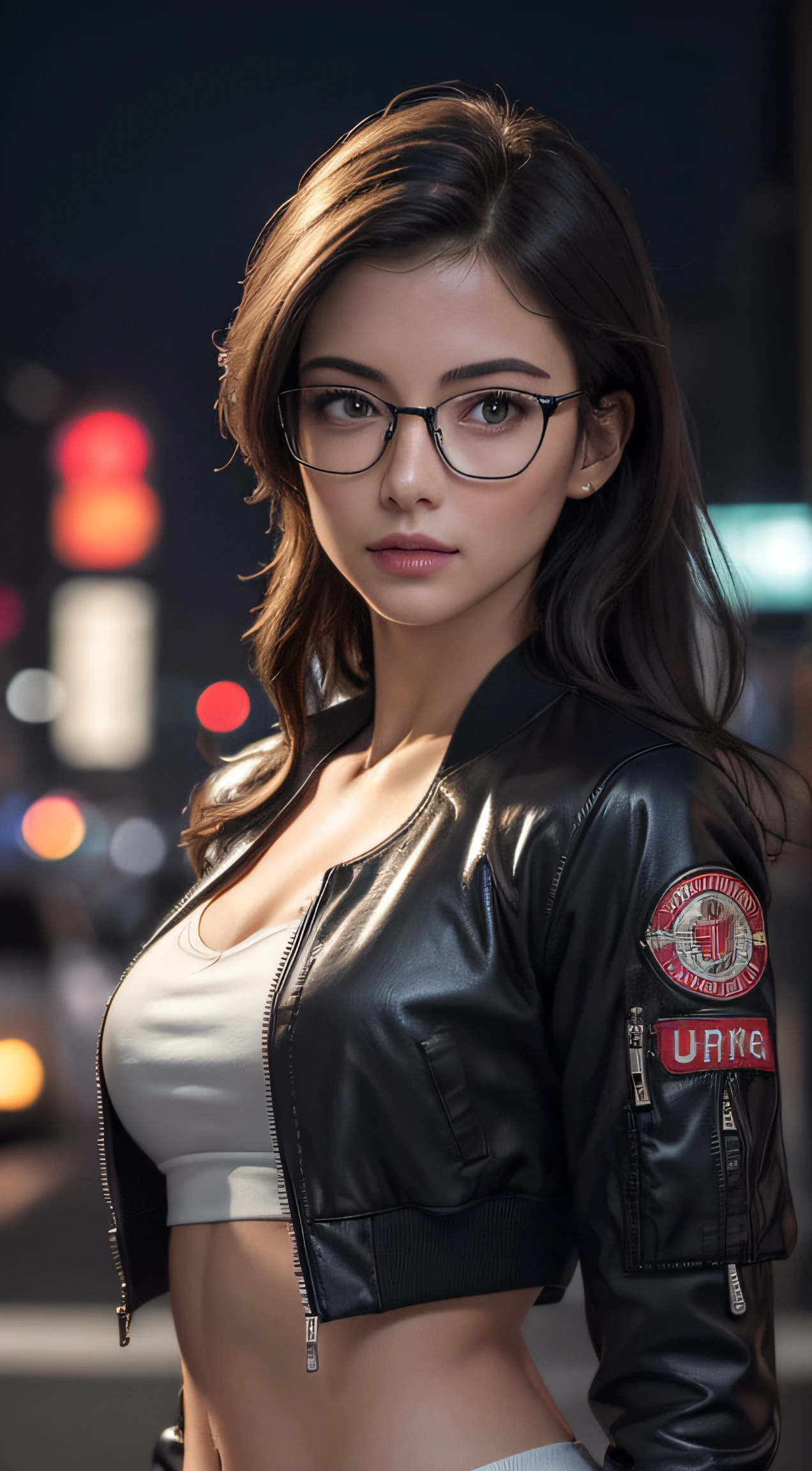 (Masterpiece, best quality, award winning, photorealistic, highres, UHD :1.4), portrait, sharp focus, upper shot, 1 beautiful European female, pretty model, skinny, slim figure, beautiful midriff, slender abs, breasts, realistic skin, realistic detailed modeling face, beautiful eyes, layered hairstyle, highly detailed realistic hair, glossy lips, eye liner, blush, attractive, stunning, ((photorealistic, realistic, super realistic, realism, realistic detail)), cropped camisole covered by 80' bomber jacket, wearing glasses, at night, night street, night club, beautiful neon light