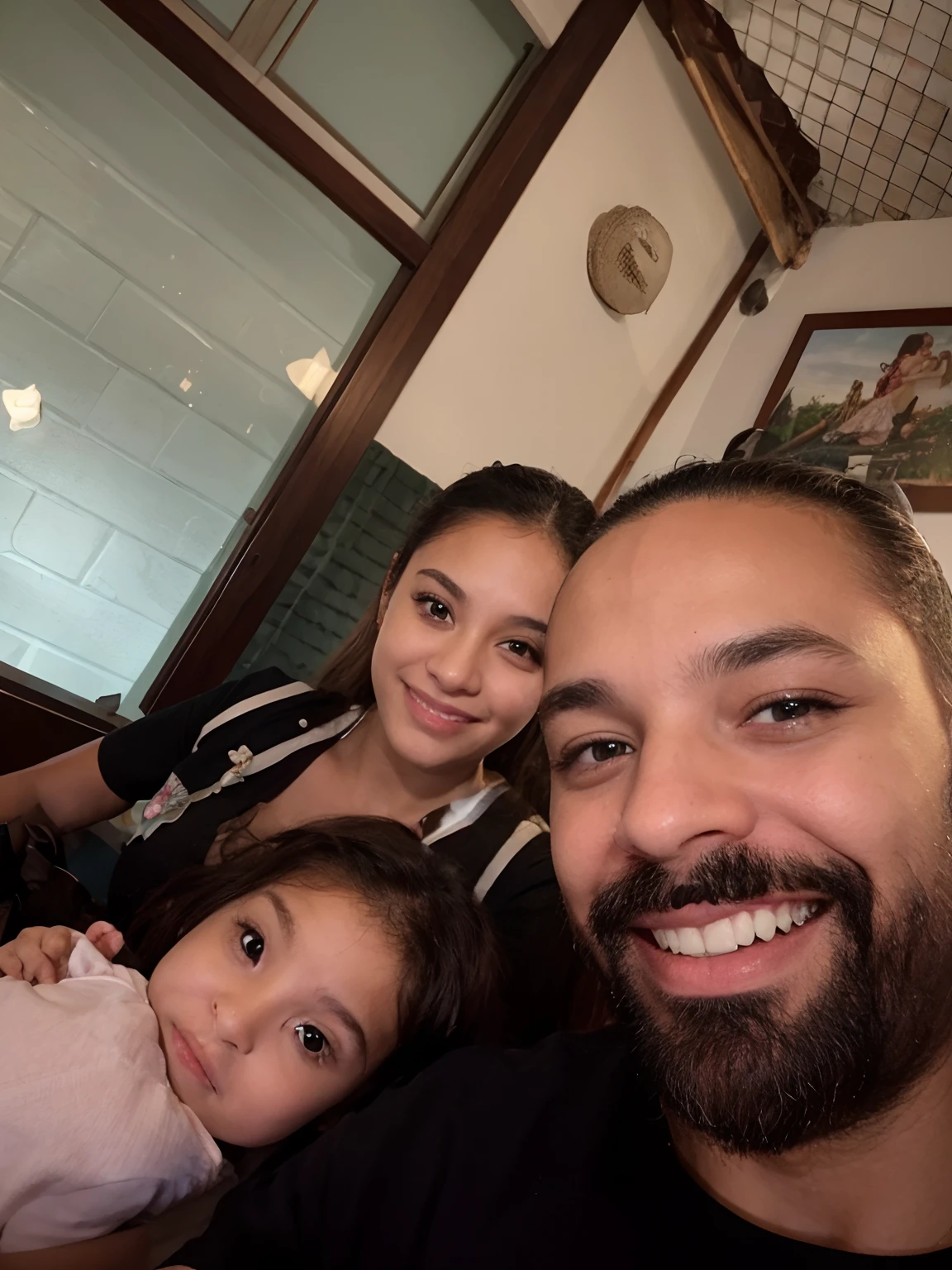 Una madre abrazando seis hijas y un hijo en caricatura Disney