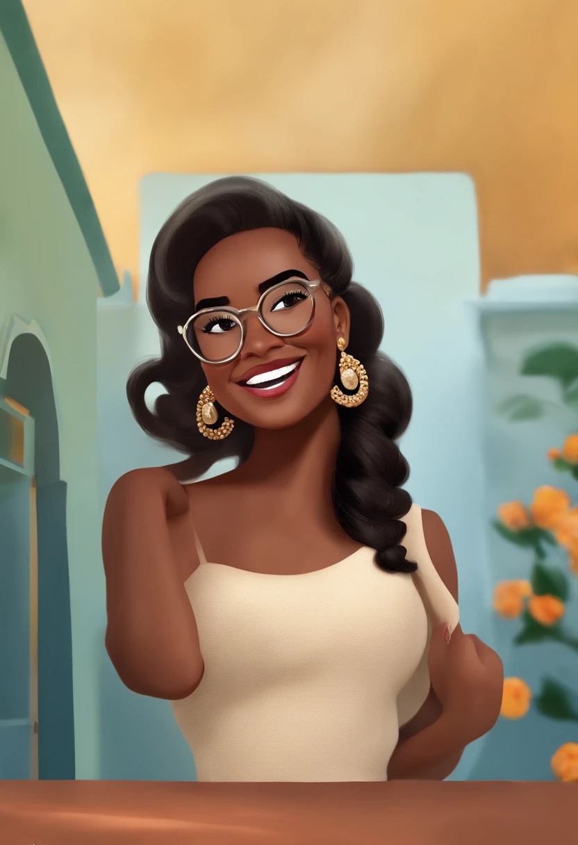 "(best quality,ultra-detalhado,Realistic:1.37),3D rendering, obra-prima, melhor qualidade, Portrait of mid adult successful black woman 30 years old dark eyes big dark eyes straight hair hair close to shoulders, boca grande, sorriso largo sorriso lindo, peitos grandes,design de personagens,cabelos curtos e lisos estilo Chanel boca grande ,belos olhos detalhados,wearing white glasses,Estilo Pixar,morena mulher,Dancing on the Disney stage,atmosfera animada,vivid colors,luzes de palco,expression joyful"