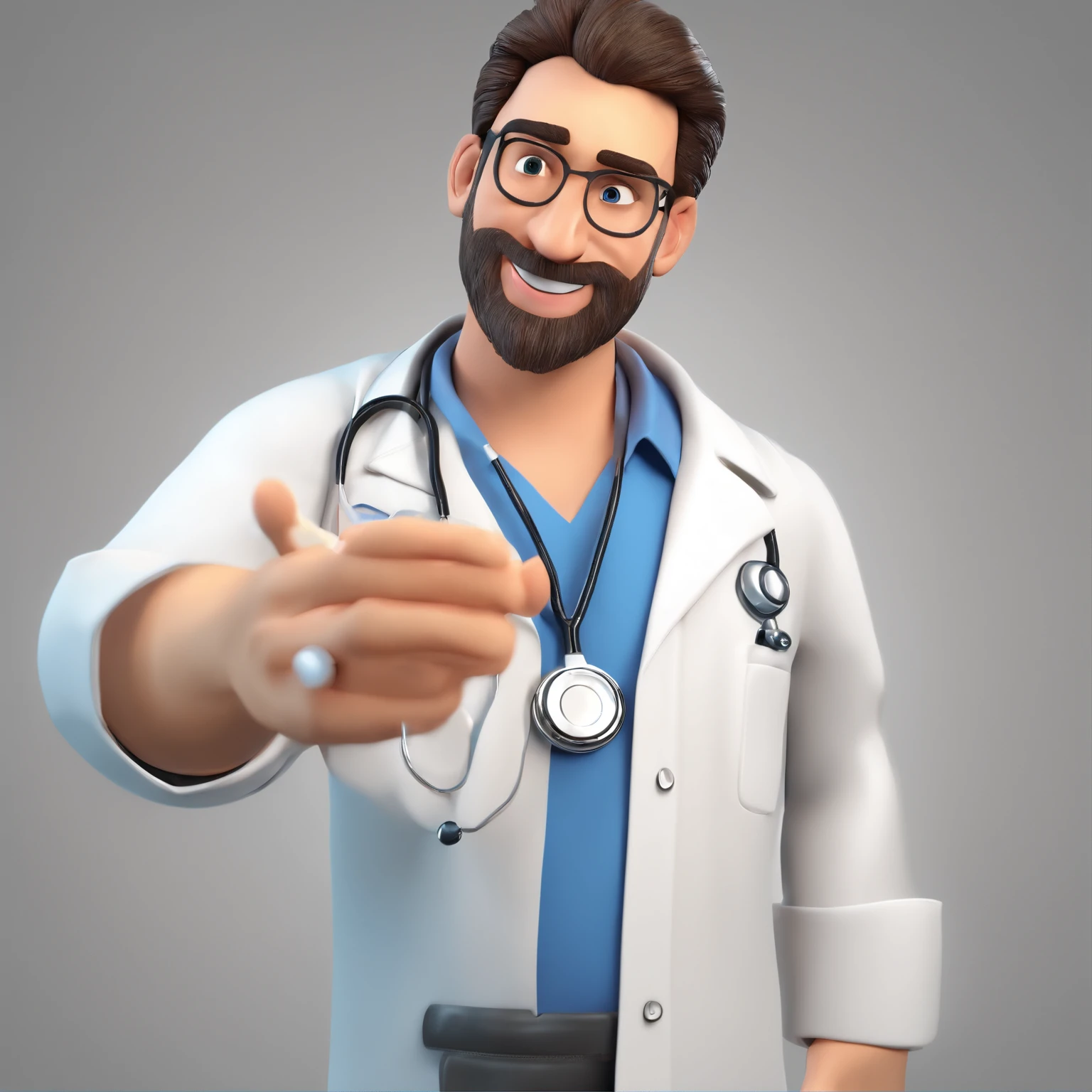 Make a Pixar Style Realistic Poster of 3D Animation. O personagem sem barba, olhos azuis, cabelos loiros penteados para o lado esquerdo, magro, wearing a white doctor's coat, watch on left wrist, Has an Arabian face, 8k, coloque um hospital de fundo, Put on a stethoscope