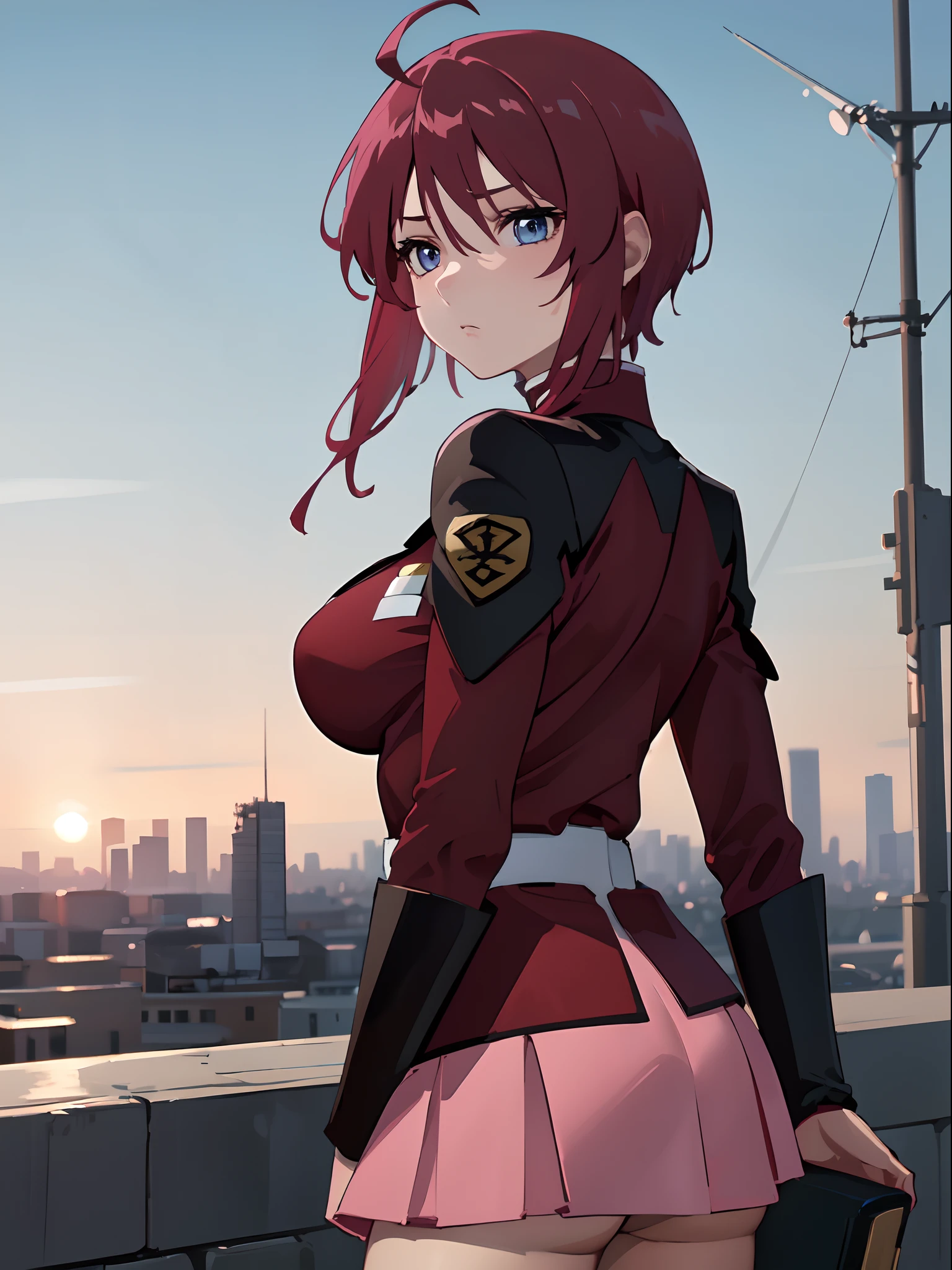 ((masterpiece)), ((best quality)), ((ultra detailed)), 8K, 16K, detailed beautiful face, detailed beautiful eyes, sl1, 1girl, short hair, red hair, ahoge, long sleeves, military uniform, pink skirt, large breasts, narrow waists, expressionless, arms behind back, cityscape