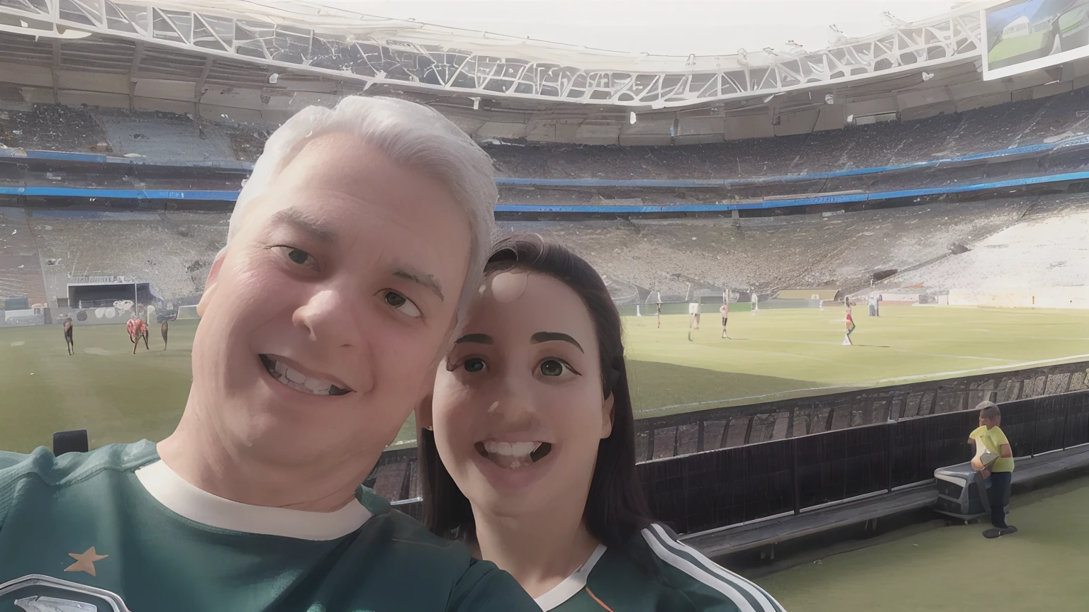 Homem e mulher de camisas verdes em frente a um campo de futebol, na copa do mundo, standing in a stadium, divertindo-se, imagem de perfil, vacation photo, foto do perfil, 🤬 🤮 💕 🎀, em campo, foto de perfil, inspirado em John Keane, tirado no iphone 14 pro, tirado no iphone 1 3 pro