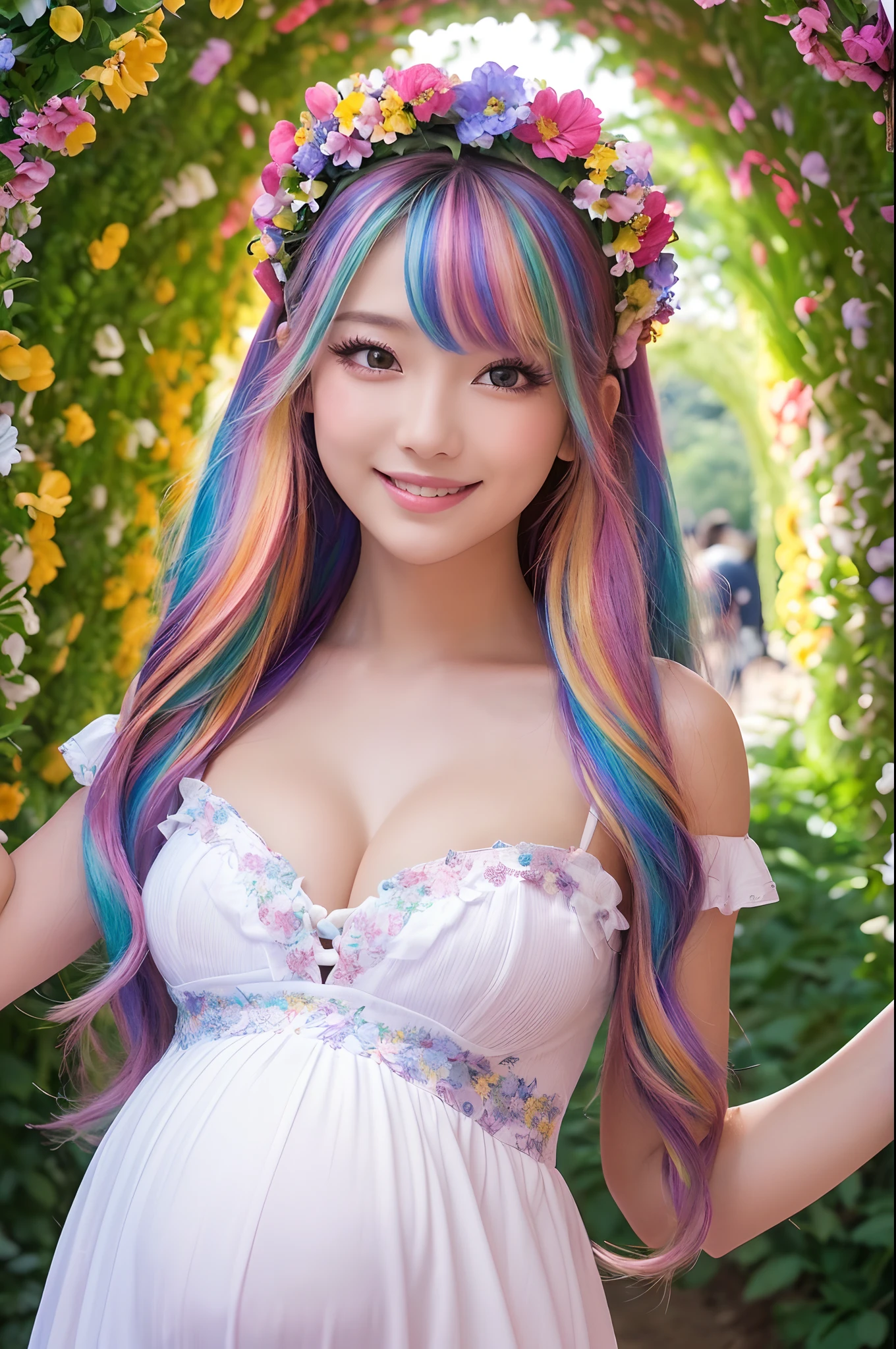 ((1 girl,Pregnant,photoRealstic,White off-the-shoulder T-shirt,a miniskirt,large full breasts,Photograph the whole body,The biggest smile staring at the camera,Big smile,cleavage of the breast,Looks very fun,Very pleasant,Looks very happy,Looking at the camera)),((((Flower Arch,Flower Tunnel,a large amount of flowers,Surrounded by flowers,the flower crown,Flower Garden,Detailed flower garden,Filled with flowers,A tunnel full of flowers,Arch full of flowers,Everything is full of flowers,Fill with flowers without gaps,The whole thing is colorful,Everything is colorful,One of the largest flower gardens in the world,Complex Flower Tunnel,Intricate floral arches,Very bright flowers))))colourful hair、A bracelet,耳Nipple Ring,gyuru,Perfect makeup,Scrunchie,Glitter powder on the face,Vertical Painting、Exquisite makeup、long eyeslashes、looking at the spectator、rainbow-colored hair, Top image quality, Top image quality, ​masterpiece, 独奏, depth of fields, a gorgeous,length hair, the wind, (((​masterpiece)))、(((top-quality)))、((ultra-detailliert))、((beautifull detailed face))、colourful hair、(((striated hair))、beatiful detailed eyes、((((a high chroma))))