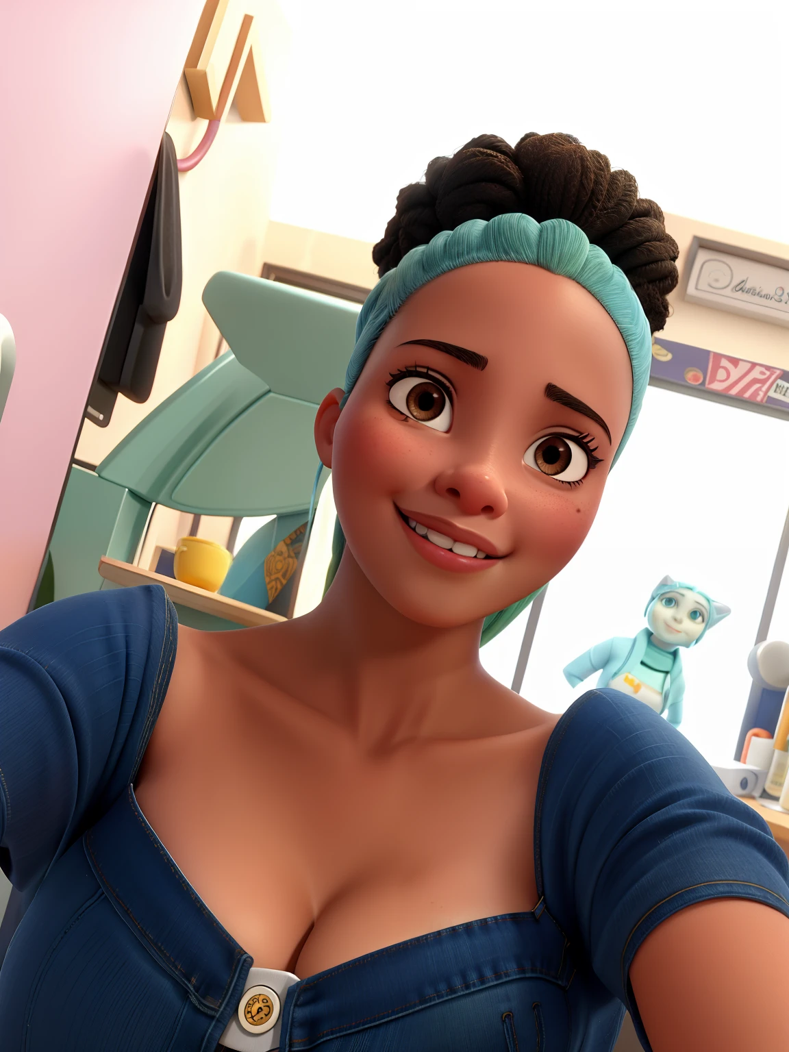 mulher sorridente no vestido jeans segurando uma geladeira rosa, selfie de uma jovem mulher, foto de perfil headshot, Malika Favre, africana de pele clara, Retrato Sophie Mudd, foto do perfil, Maria Borges, imagem de perfil, com afro, Parece Fabiula Nascimento, Anos Imane, by Amelia Peláez, imagem do avatar, jovem mulher negra