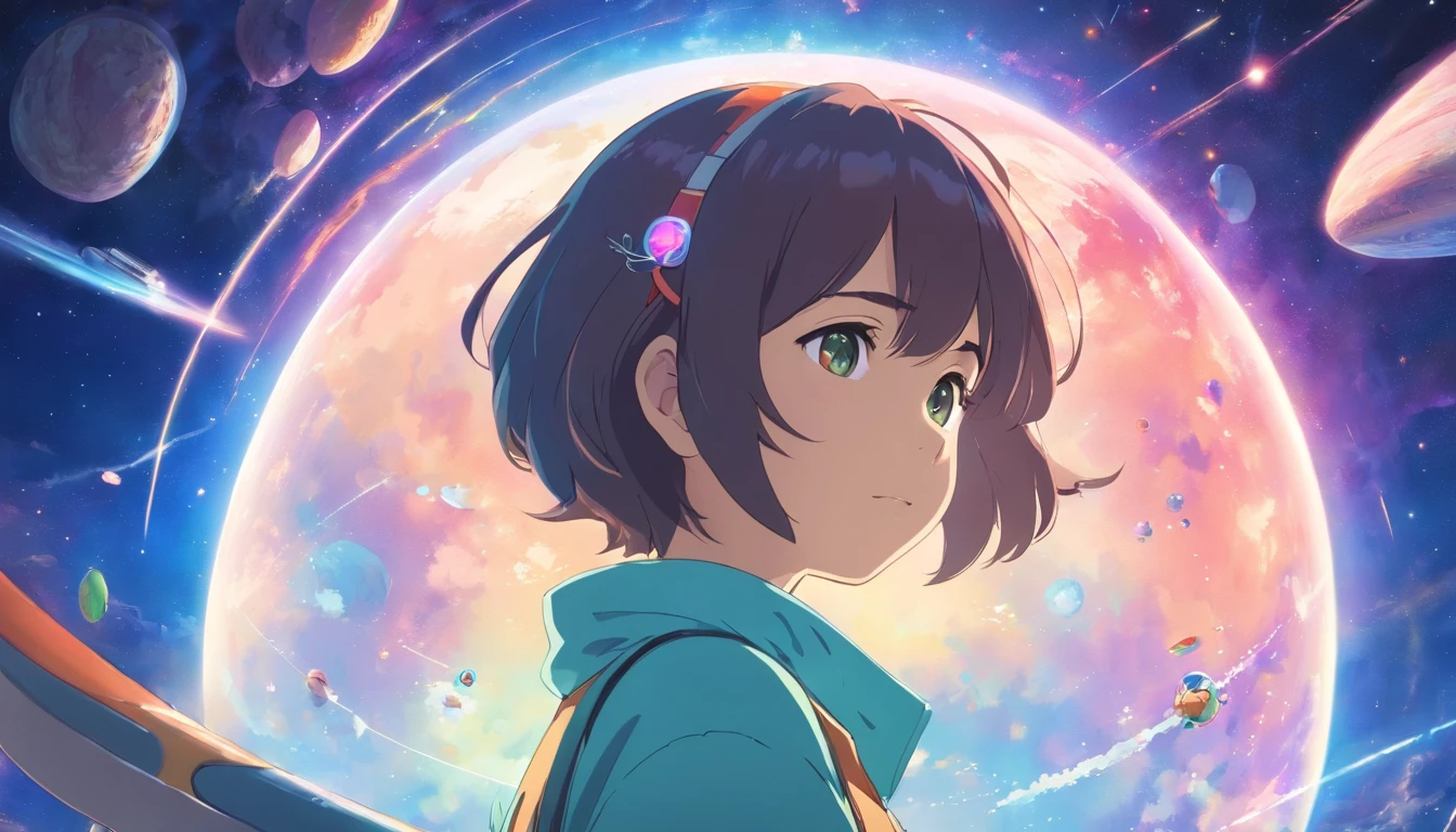 Anime Girl in space with text stop overthiking, dreamy psychedelic anime, esmagador, Elogio Artstyle, aesthetic award winning anime, Arte no estilo de Guweiz, arte em alta de anime, Transbordando, portrait anime space cadet girl, anime asthetic, anime inspiration, Arrogante, pixiv trending, anime aesthetic, ( ( Makoto Shinkai ) ).