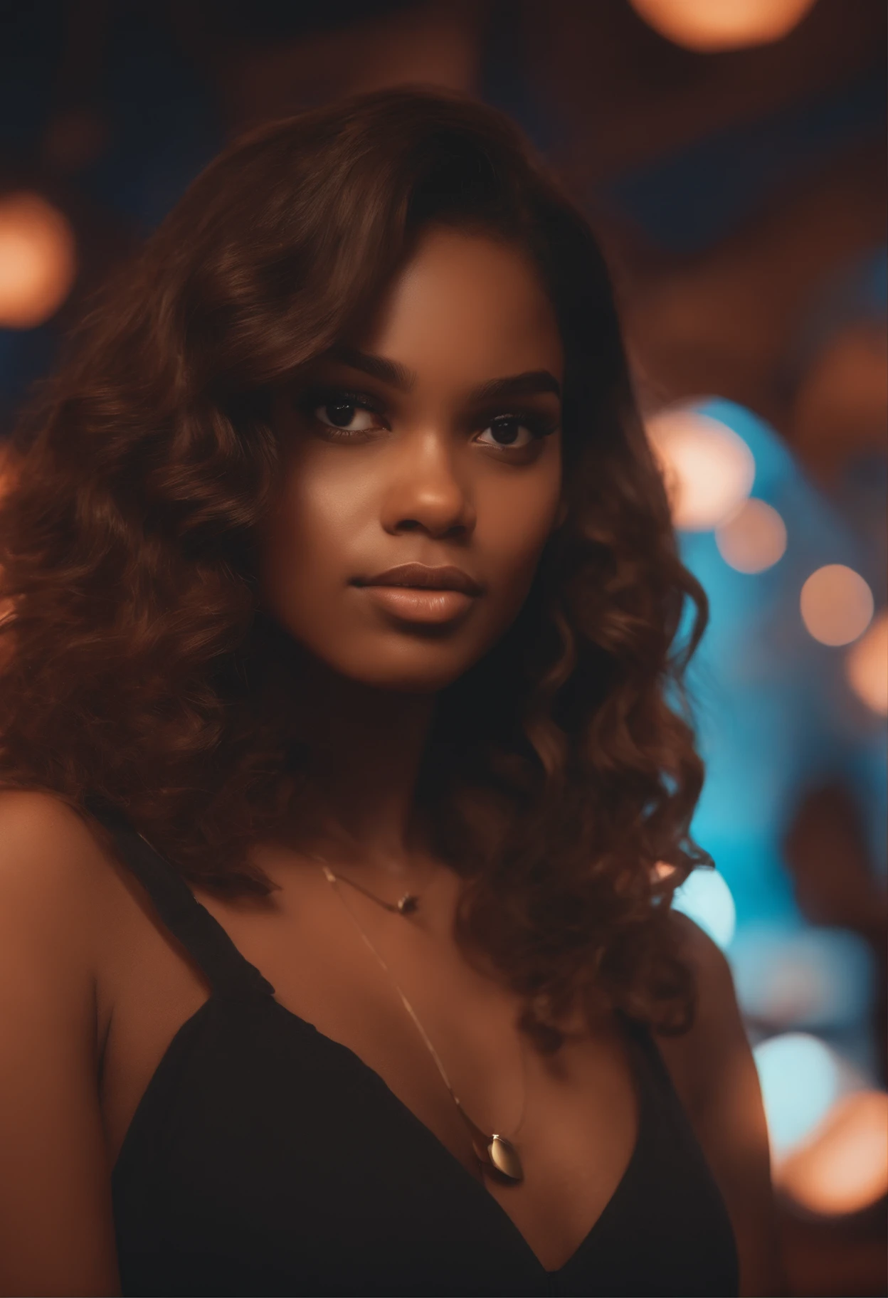 Picture an elegant Afroed woman standing confidently in front of a neon sign that reads "Hot Pot Gold." The image captures the early 2020s style and features a full-body shot of the woman, who is approximately 25 years old. The heavenly background is filled with soft, pastel colors. She is casually dressed, exuding an air of African domme mistress allure. This is an outfit photo that serves as her profile image. Execute this vision in a retro-inspired photography style, using a vintage film camera with a 50mm prime lens, capturing the essence of the era. --ar 16:9 --v 5