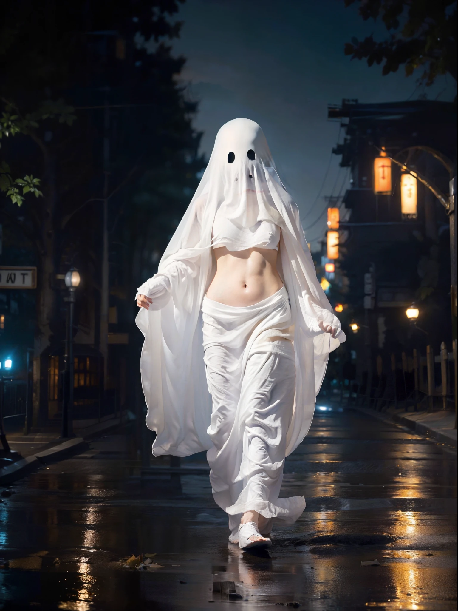 (One Person:1.6), Ultra Realistic Image of a girl , (Wearing white ghost costume covering whole face only), naked legs, midriffs, boob tent, standing still, Detailed City Road at Night, Dynamic Angle, View From Front, Insane Details, Intricate Scene Details, Cinematic Shot and Lighting, Bokeh Effect, Vibrant and Realistic Colors, Masterpiece, Sharp Focus, Ultra Detailed, Taken with DSLR Camera, Realistic Photography, Depth of Field, Incredibly Realistic Environment and Scene, Master Composition and Cinematography