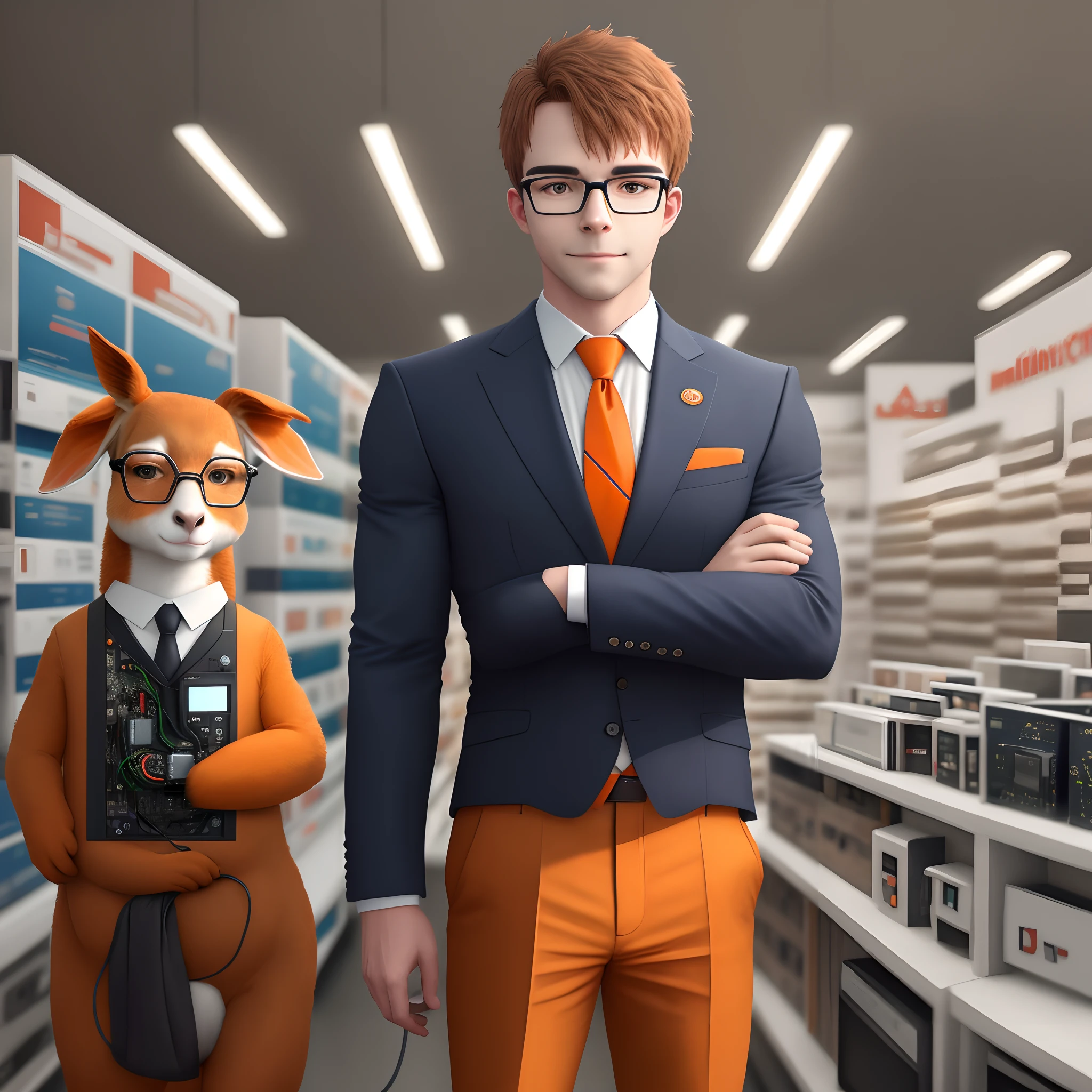 Create an image of an electronics store in orange and white colors with a kangaroo with a man's body wearing glasses wearing a suit and tie with his arms crossed
