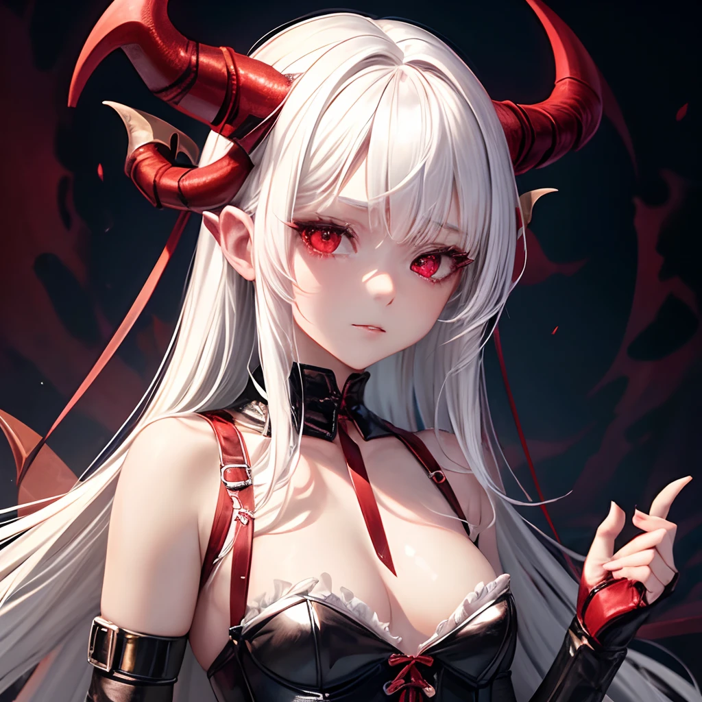 a demonic woman, ((white hair)), (red eyes), sensual body, leather and lace corset-4k, perfect face, (Small Horns), anime style, soft hentai, translucent clothes, perfection, breasts, medium, apparent nipple, comic book style, juvenile - s2