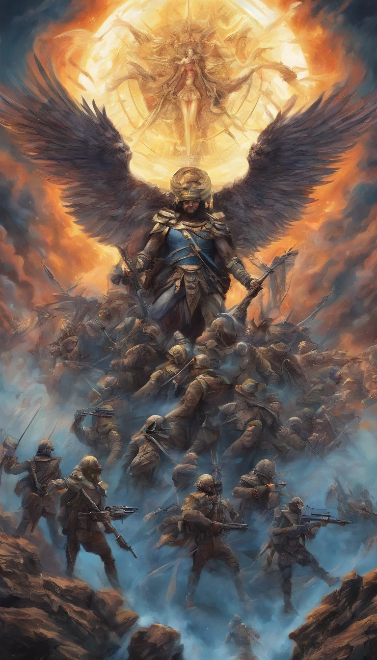 View from behind the brave Israel Defense Forces against an ugly and cruel army of demons, An angel flies from the sky、Chase the soldiers of the Israel Defense Forces , Flag of Israel , blue and white, Modern army, Tactical equipment, Art shows the triumph of good over evil, Apocalyptic battlefield , masutepiece, winning artwork, Dramatic, Best Quality, 4K, Wide Picture, High resolution