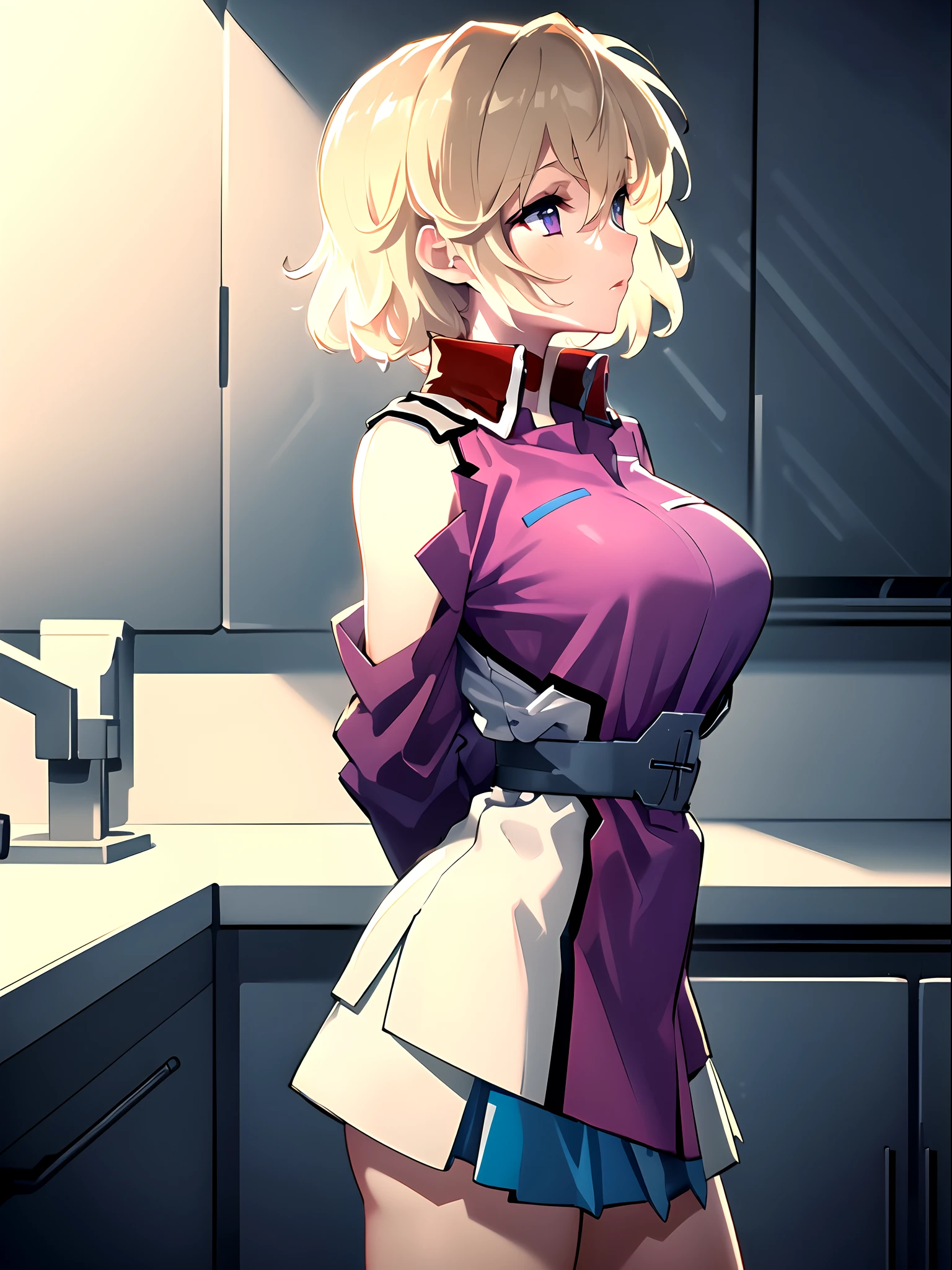 ((masterpiece)), ((best quality)), ((ultra detailed)), 8K, 16K, detailed beautiful face, detailed beautiful eyes, sl1, 1girl, short hair, messy hair, military uniform, skirt, large breasts, narrow waists, expressionless, arms behind back, laboratorium, viewed from side