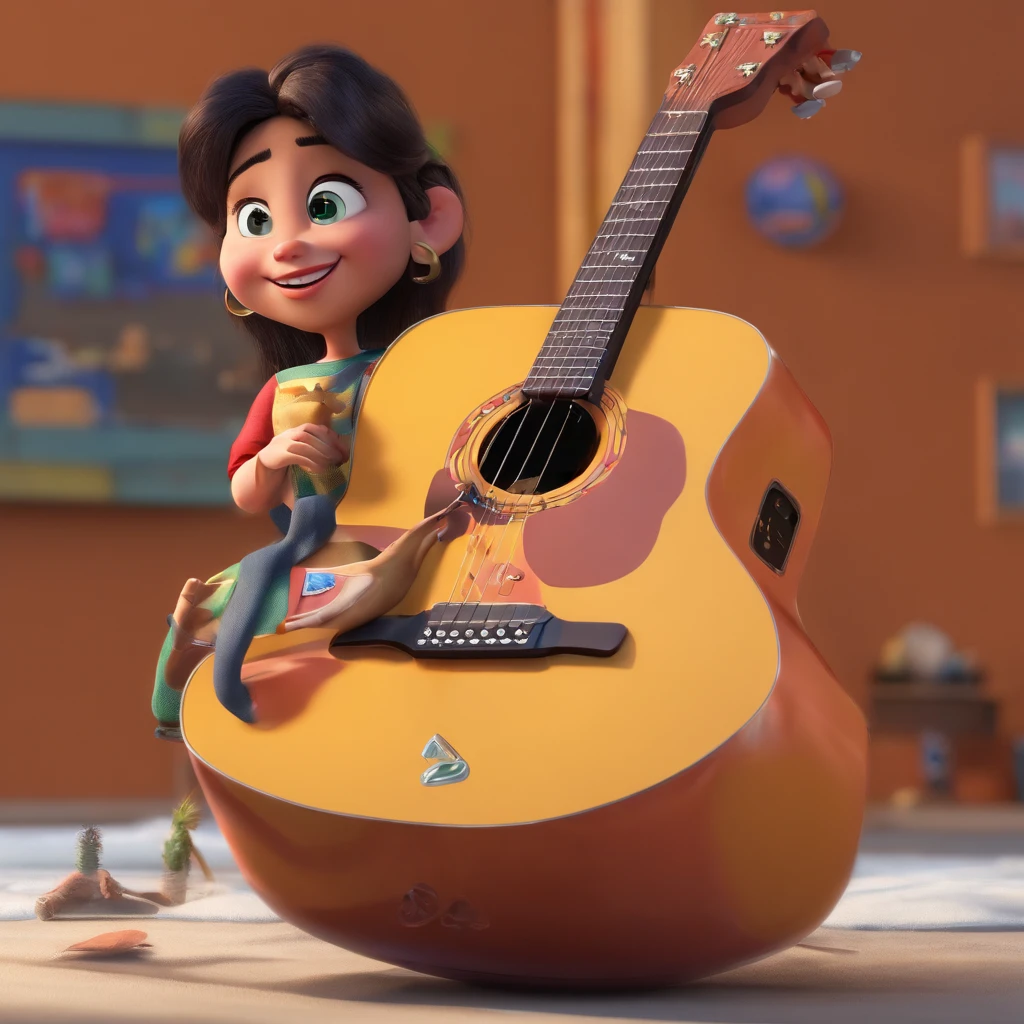 "Make a Disney Pixar-style picture, em 3d" de uma mulher de meia idade, cabelos curtos encaracolados e pretos, playing the guitar