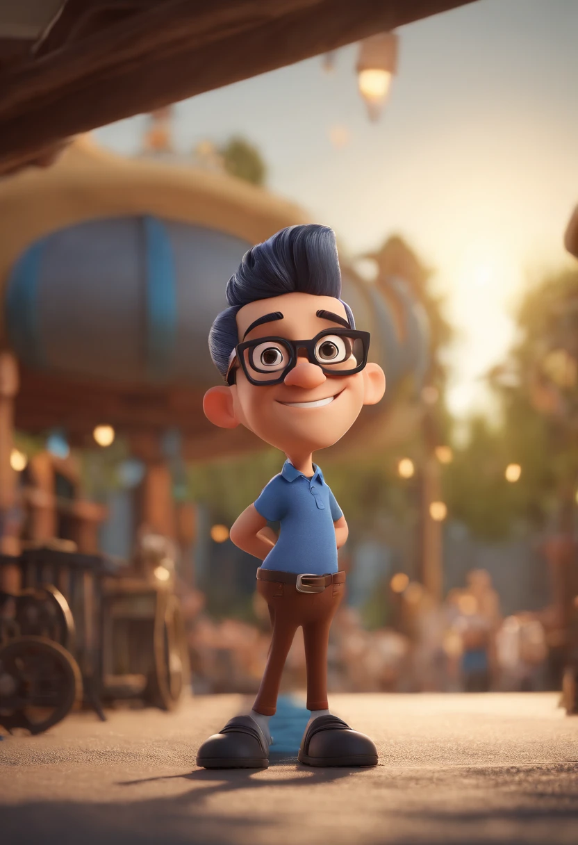 Cartoon character of a man with black glasses and a blue shirt, animation character, Caractere estilizado, animation style rendering, 3D estilizado, Arnold Maya render, 3 d render stylized, toon render keyshot, Personagem 3D, Personagem 3D, 3d rendering stylized, 3 d character render, personagem de desenho animado, Personagem de close up, Pose de personagem, (Estilo Pixar) (master part:1.2) (Bokeh) (best quality) (pele detalhada) (textura detalhada) (8k) (argila) (Cinematic lighting) (foco nítido