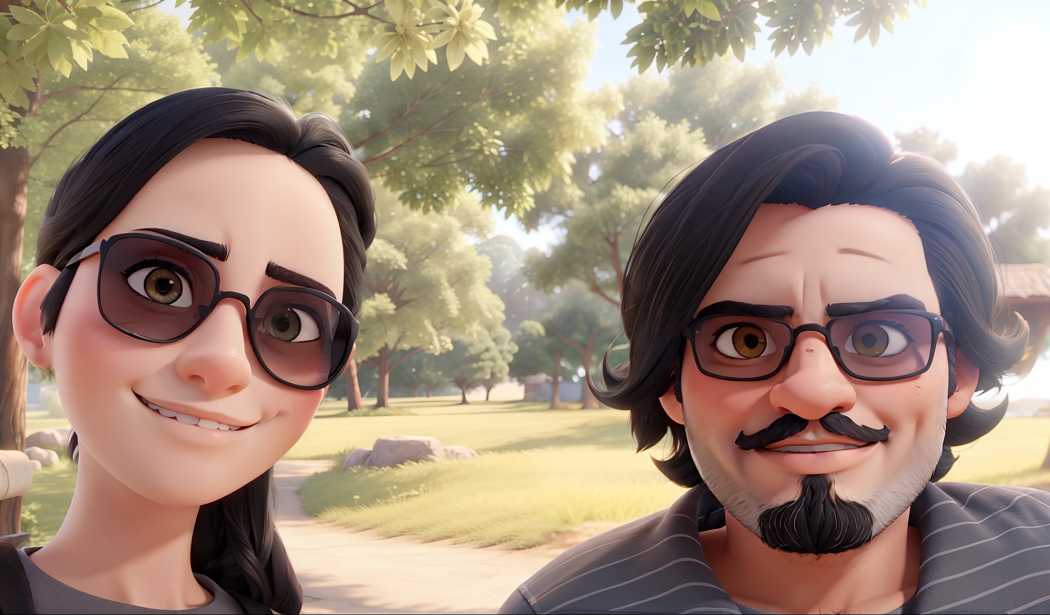 Black haired white woman wearing sunglasses and man with black beard and hair