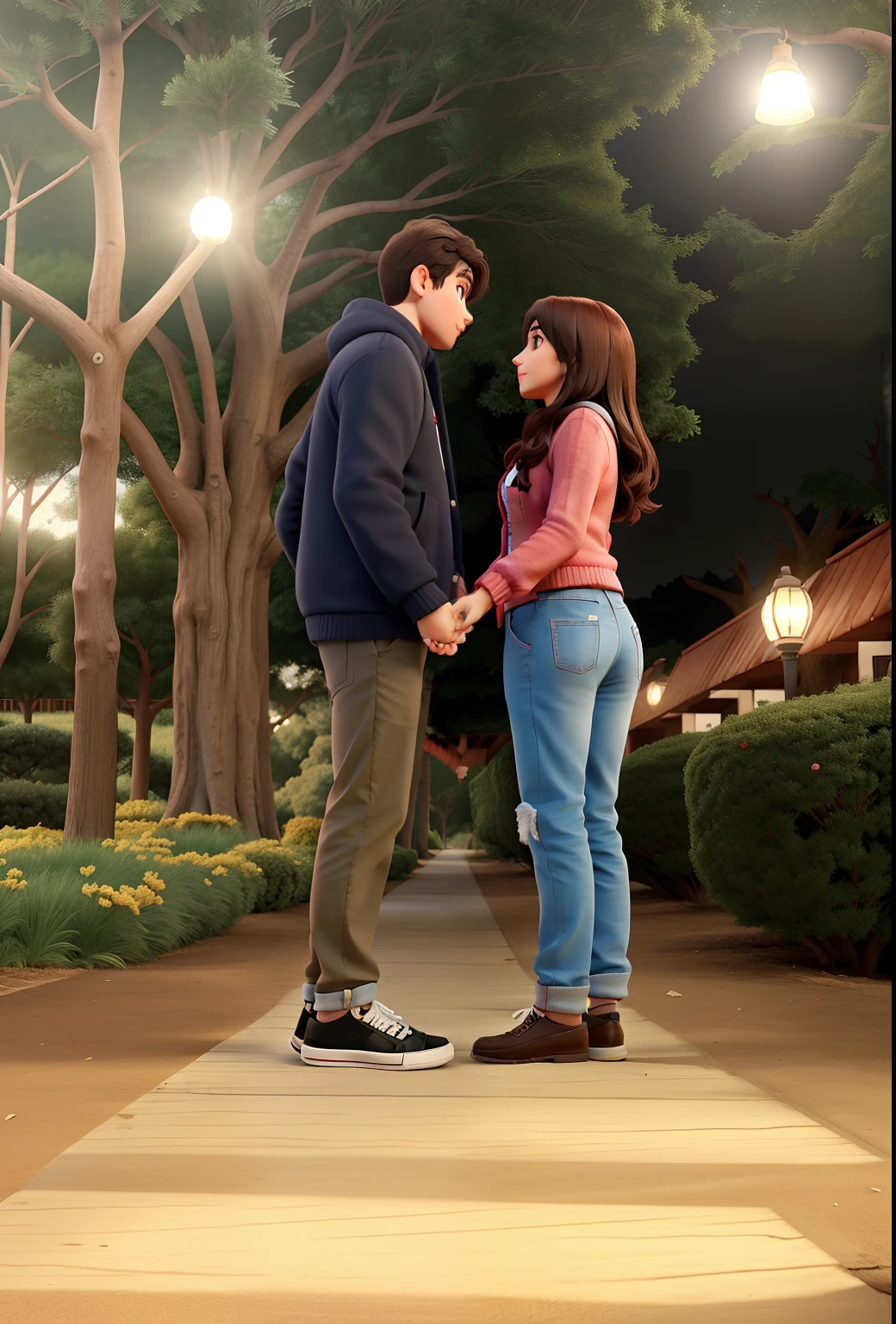 Valentine couple holding hands, near a tree, ambos se olhando