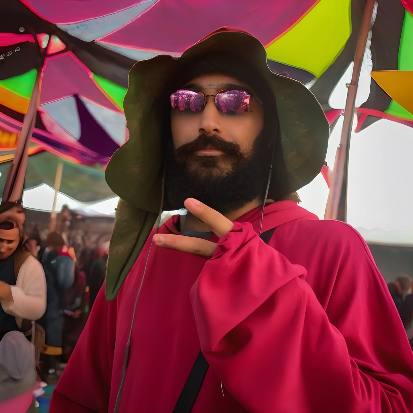 Araffe man with beard and hat and sunglasses, just take a pinch of psychedelic, festival vibes, cogumelo trippy, psychedelic style, extremely psychedelic experience, archwizzard in a hat, Hippie, a person at a music festival, wearing psychedelic wicca, Futuristic psychedelic hippie, foto de perfil, psychedelic organic shaman, psicodelic