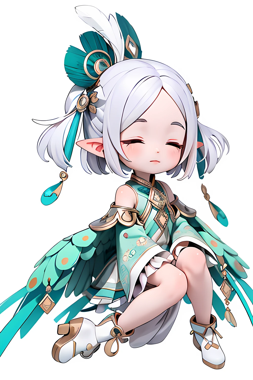 (Best quality, A high resolution, Masterpiece:1.2), Black and white, Q version 2 year old girl, "Peacock elements", "Peacock tail", "Whole body", Cute face, updo-hairstyle, closing her eyes, Comfortable appearance, White color hair, "Sit on your knees", "Clothes made of feathers", White hair, Short hair, There is a circular pattern in the center of the eyebrows, A high resolution, White background, Mono Color, Line drawings, ((Sketch)), feathers hair ornament, "Peacock tail", forehead jewel, forehead mark, long pointy ears, High detail, 4K, Super detail, High quality