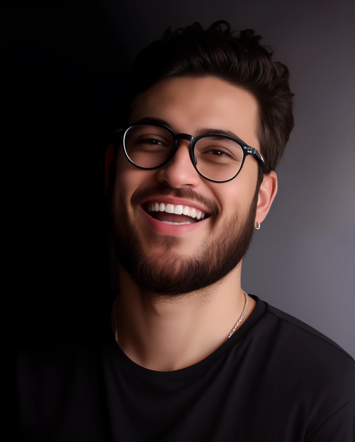 homem sorridente de blusa preta de malha e oculos arredondado marrom no estilo Disney Pixar em alta qualidade