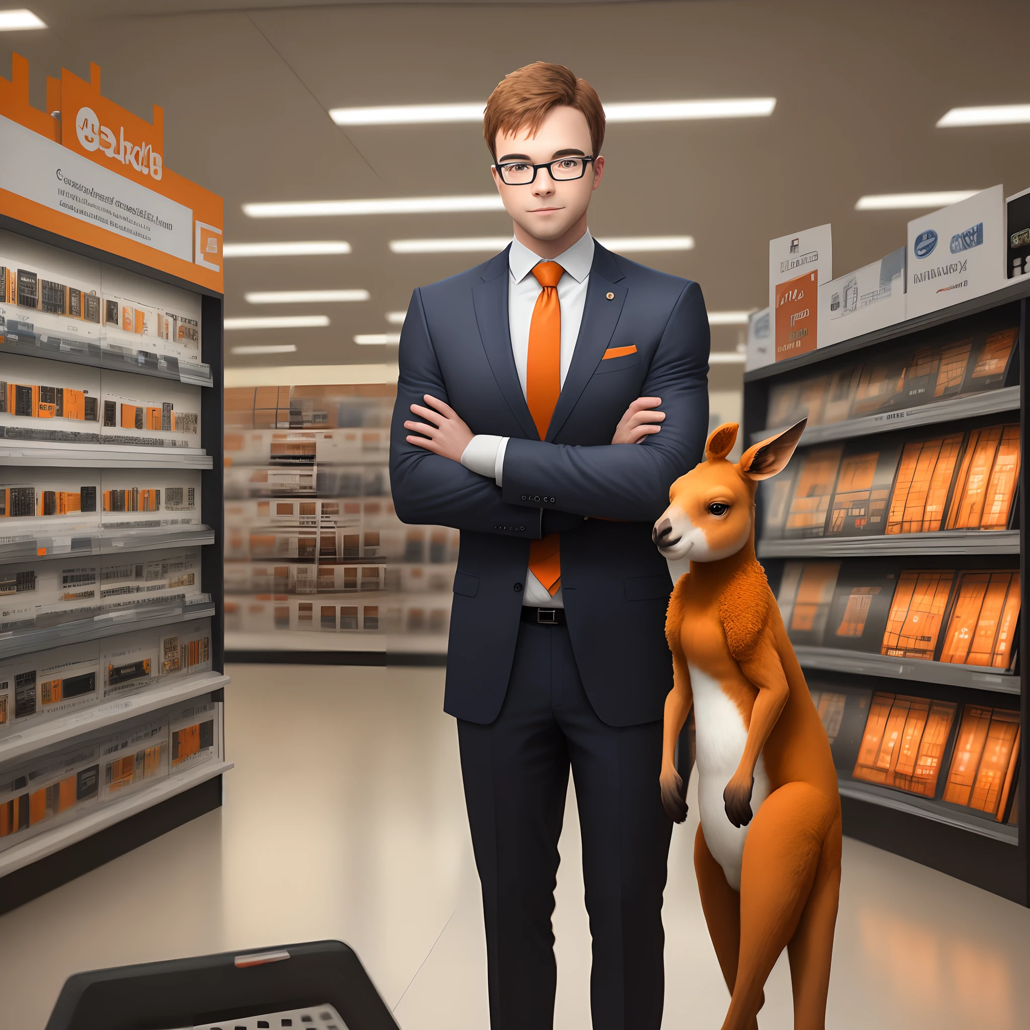 Create an image of an electronics store in orange and white colors with a kangaroo with a man's body wearing glasses wearing a suit and tie with his arms crossed