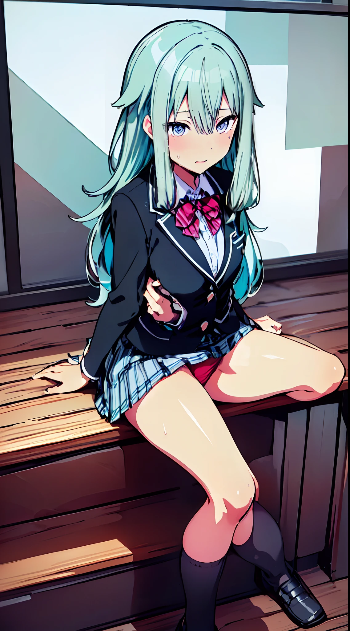 masutepiece, Best Quality,Illustration, Wallpaper, Ultra Detail、(((molesting)))、Detailed eyes、(Teary-eyed)、(((Sexy colorful underwear)))、(blazers、Kilted skirt)、ample breasts、((Girl taking off her skirt))