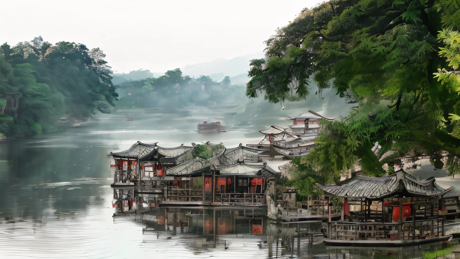 There are many small cabins on the banks of the river, Hangzhou, guangjian, Chinese village, dreamy Chinese towns, Beautiful image, zhouzhuang ancient town, qiangshu, Ancient Chinese architecture, floating chinese lampoons, Chinese landscape, dreamland of chinese, peaceful scene, author:Li Di, Xianxia, stunning images, serene scene