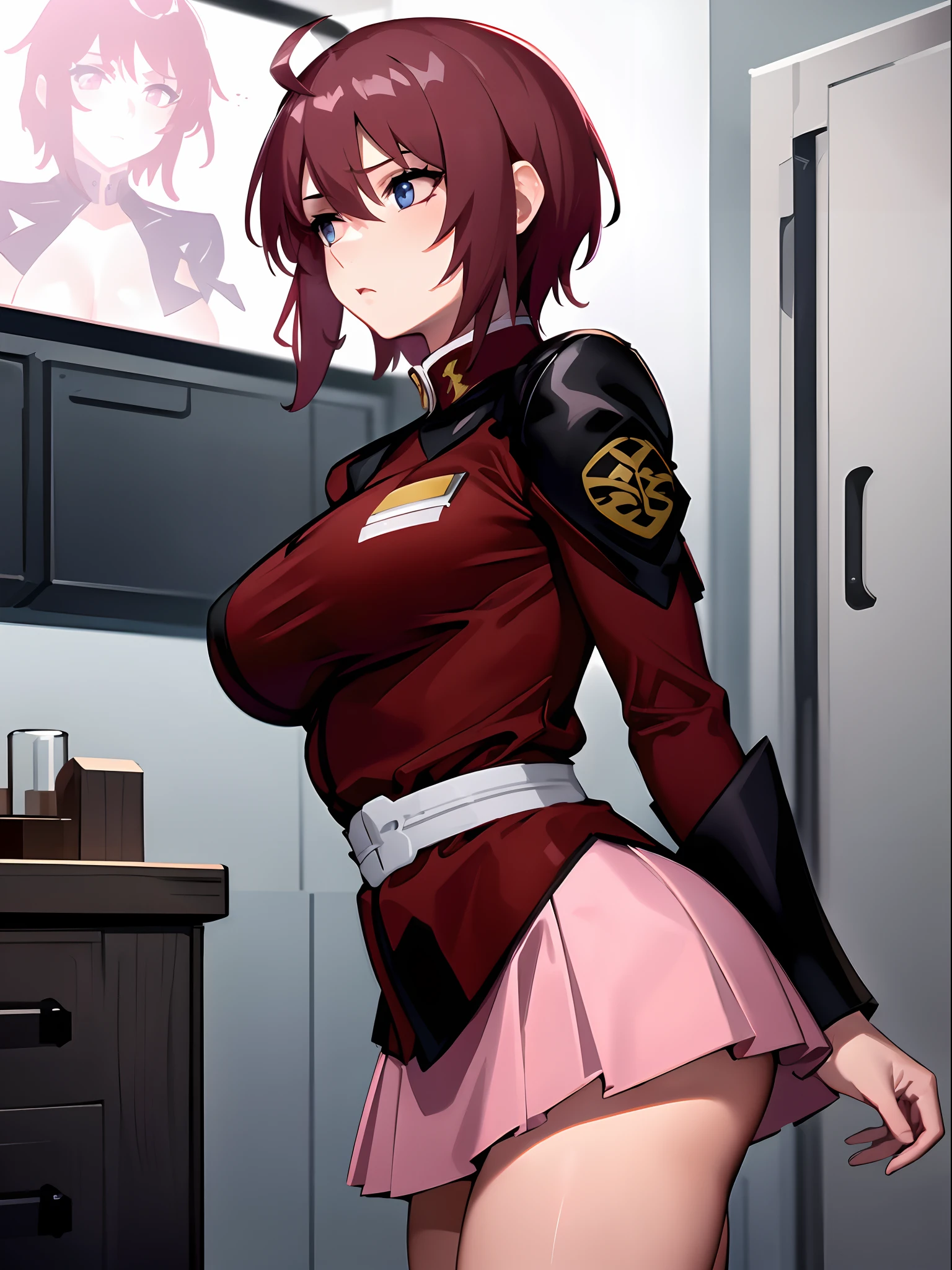 ((masterpiece)), ((best quality)), ((ultra detailed)), 8K, 16K, detailed beautiful face, detailed beautiful eyes, sl1, 1girl, short hair, red hair, ahoge, long sleeves, military uniform, pink skirt, sexy pose, large breasts, narrow waists, expressionless, arms behind back, laboratorium, viewed from side