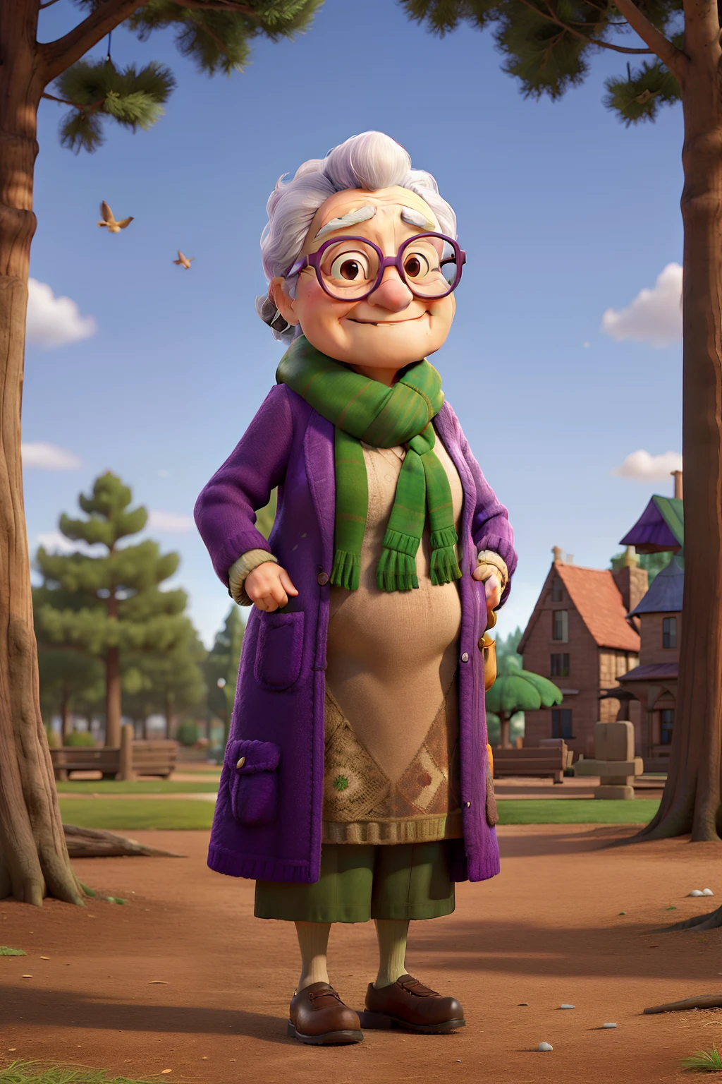 masterpiece, best quality, an old woman with glasses and a scarf on, wearing a purple coat and green scarf, standing at the park