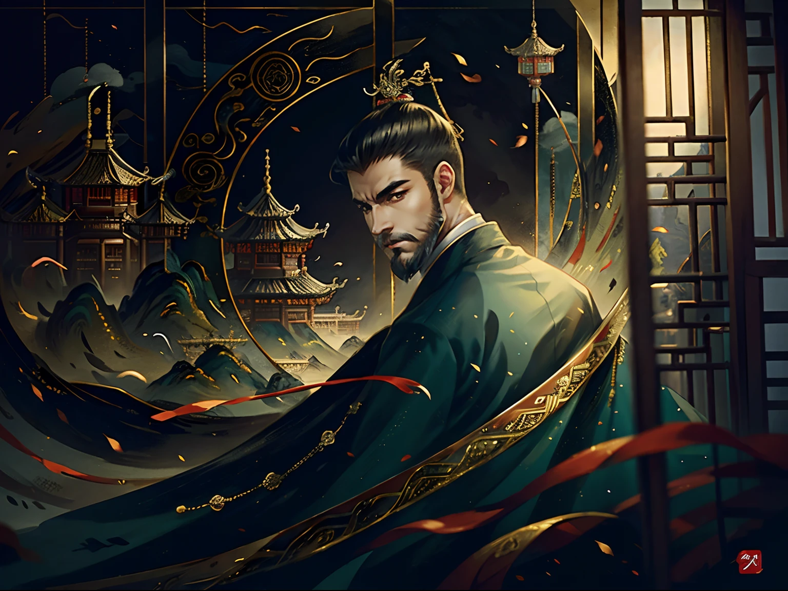 (Best Picture Quality,32K,A high resolution,tmasterpiece:1.2),hyper-detailing,(realisticlying,Photorealistic photorealism,Photoreal:1.37),vibrant with colors,Focus Sharp,physically-based renderingt,HDR,UHD,Extremely detailed description,Ancient Chinese palace hall,Resplendent,lavishly decorated,There were all kinds of court officials everywhere,Including military officers and civilian officials。of a guy,Have a beard,The man held a long sword in his hand,Face the civil and military officials。The scene was taken from a bird's eye view,The grandeur of the palace and the vastness of the surroundings are shown。The work is created in the style of traditional Chinese ink painting,Perspective from a distance,Precise strokes。