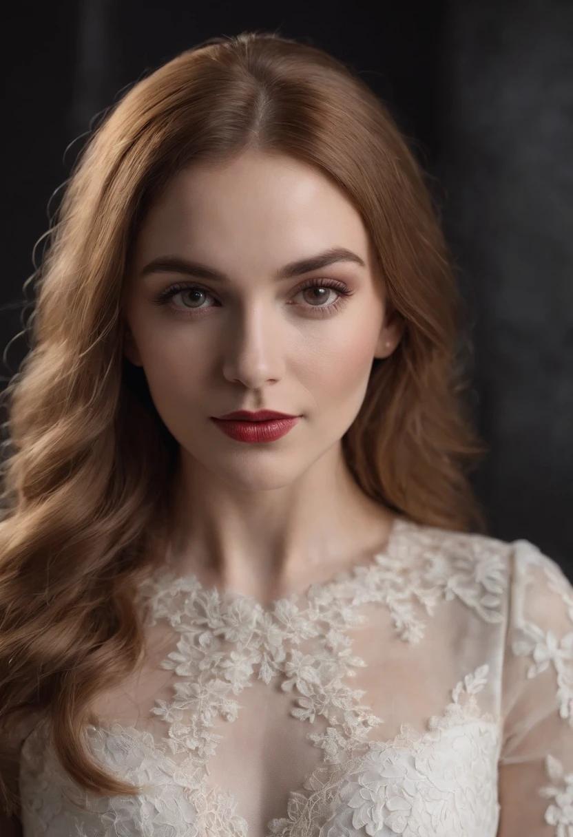 Gingerbread woman wore a white lace dress posing for a photo in dark studio, Maquiagem Natural, corpo normal, 40 anos, Peitos grandes, loking a foto, pose sensual, cabelos cacheados, ultra detalhado, master part, red lips,