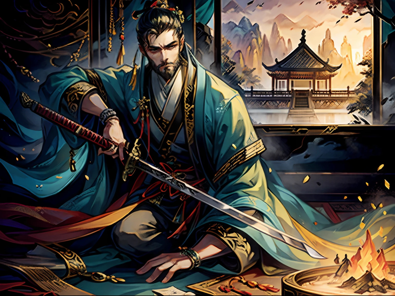 （Best Picture Quality，32K，A high resolution，tmasterpiece：1.2），hyper-detailing，（realisticlying，Photorealistic photorealism，Photoreal：1.37），vibrant with colors，Focus Sharp，physically-based renderingt，HDR，UHD，Extremely detailed description，Ancient Chinese palace hall，Resplendent，lavishly decorated，There were all kinds of court officials everywhere，Including military officers and civilian officials。of a guy，Have a beard，The man held a long sword in his hand，Face the civil and military officials。The scene was taken from a bird's eye view，The grandeur of the palace and the vastness of the surroundings are shown。The work is created in the style of traditional Chinese ink painting，Perspective from a distance，Precise strokes。
