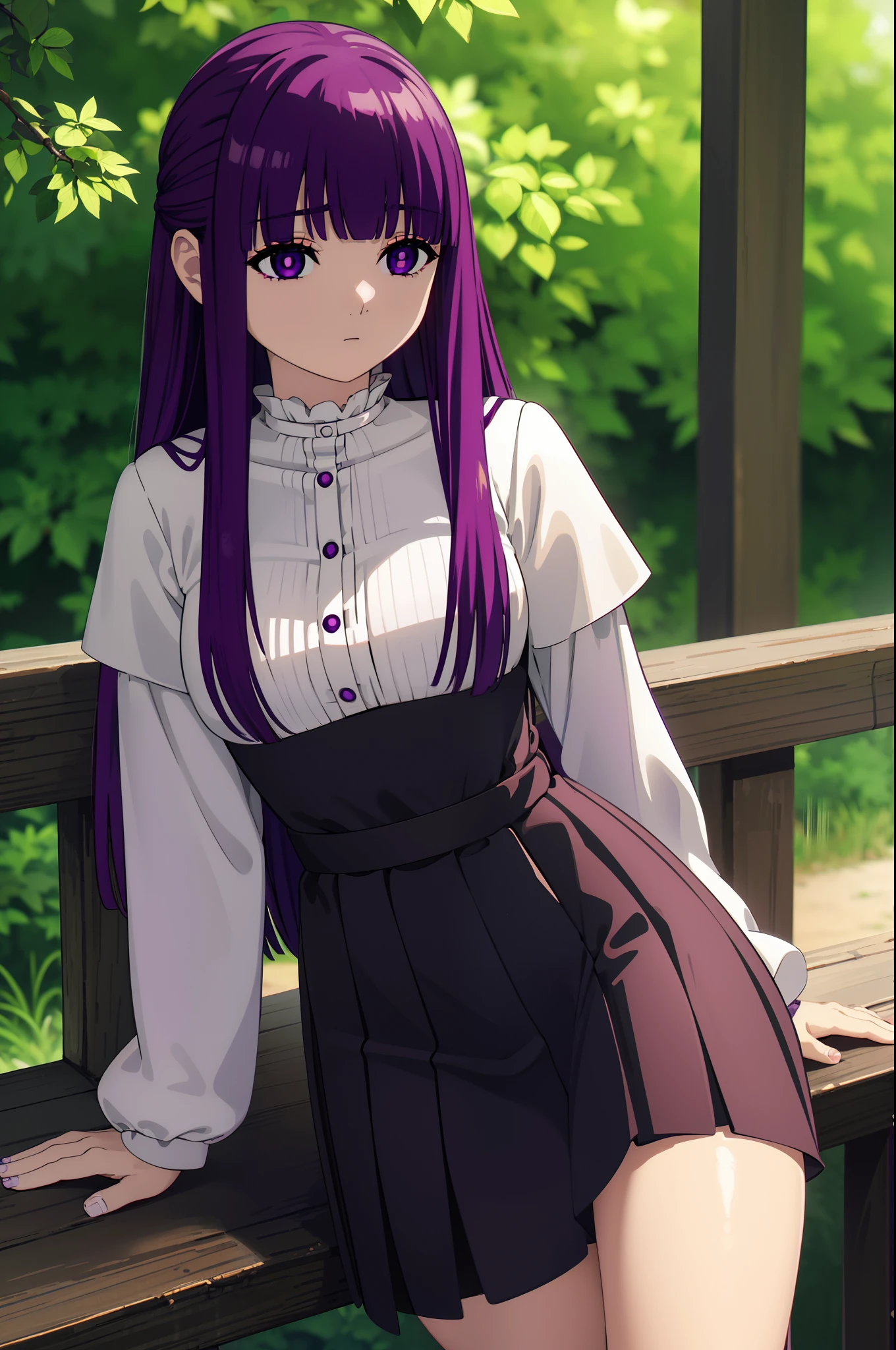fern, long hair, bangs, (purple eyes:1.1), purple hair, mini skirt, thigh, outdoor, looking at viewer, cowboy shot, (masterpiece:1.2), best quality, high resolution, unity 8k wallpaper, (illustration:0.8), (beautiful detailed eyes:1.6), extremely detailed face, perfect lighting, extremely detailed CG, (perfect anatomy)