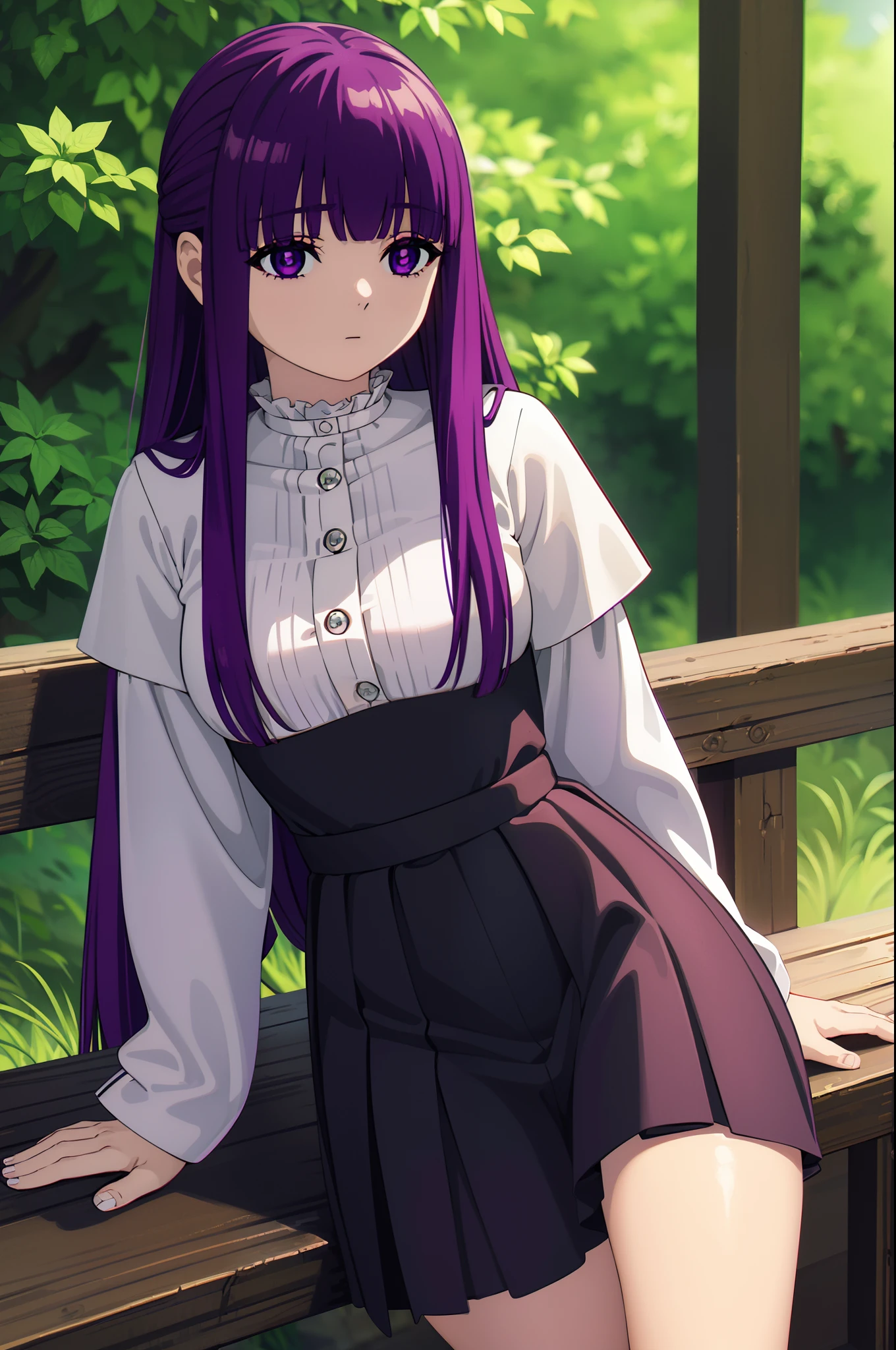 fern, long hair, bangs, (purple eyes:1.1), purple hair, mini skirt, thigh, outdoor, looking at viewer, cowboy shot, (masterpiece:1.2), best quality, high resolution, unity 8k wallpaper, (illustration:0.8), (beautiful detailed eyes:1.6), extremely detailed face, perfect lighting, extremely detailed CG, (perfect anatomy)