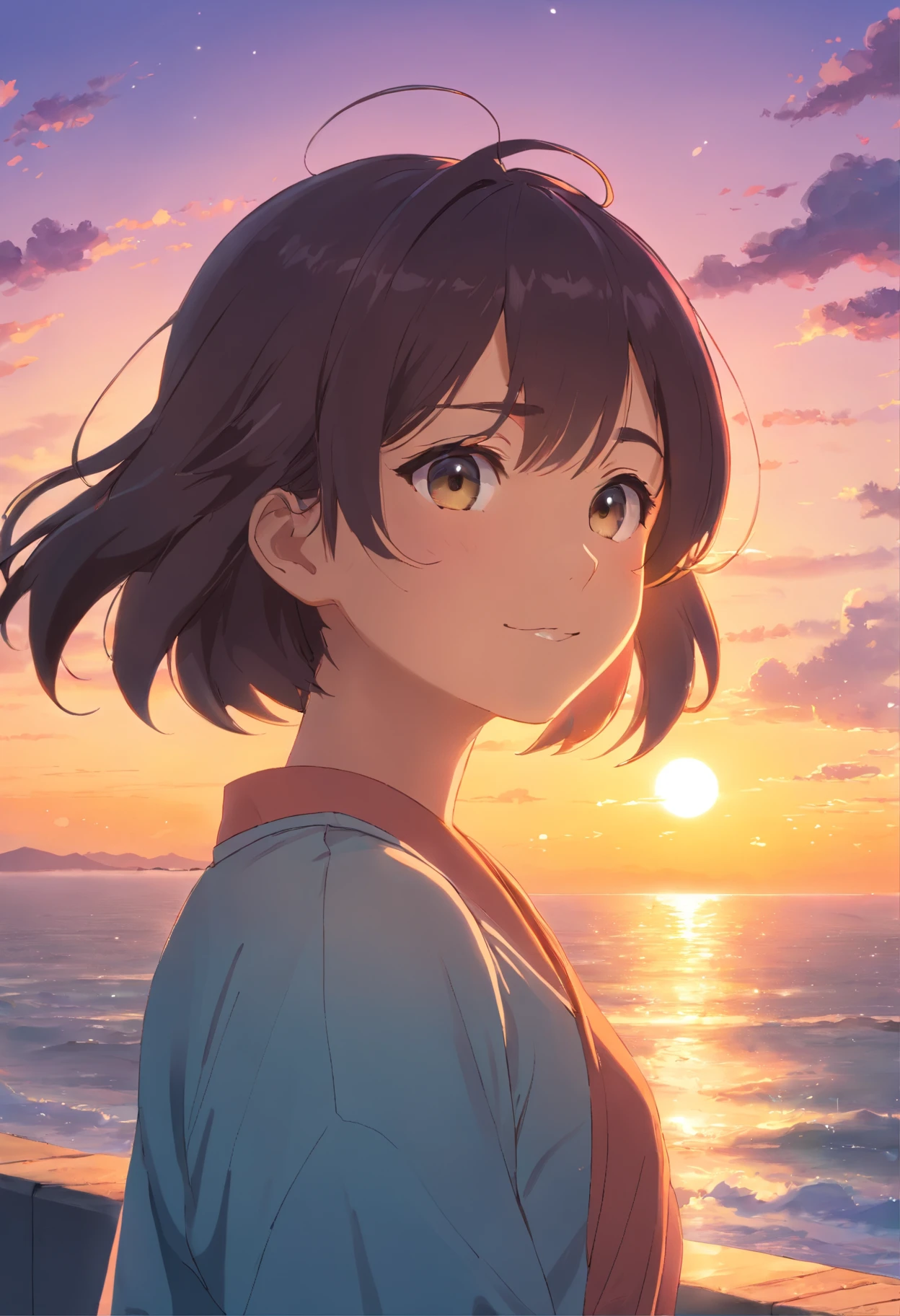 animesco, charicatura, olhar positivo e alegre,um sorriso, Illustration of a girl on beautiful sunset background,Olhando para o Viewer