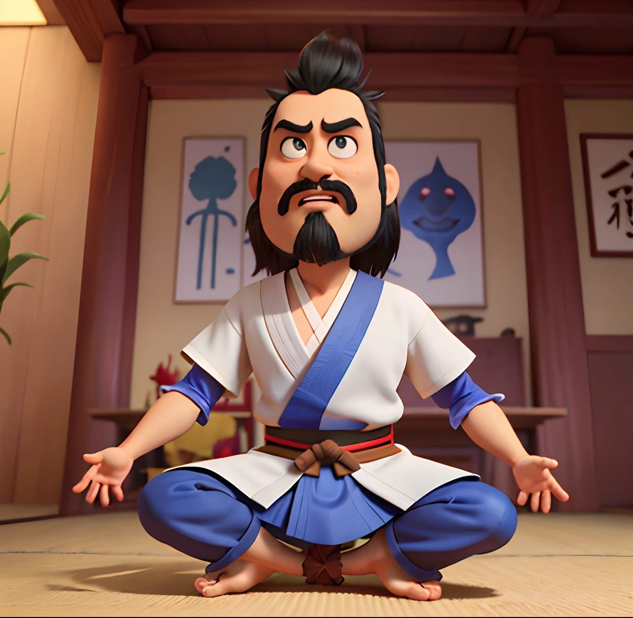 Pixar studio, 3D, 4K, high resolution, ultra-detailed, best quality:1.2), a father and his two daughters, wearing jiu-jitsu gis, kneeling in the dojo with white tatami.