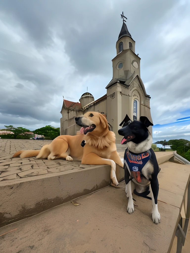 There are two dogs sitting on the steps near a building, Directed by: Nandor Soldier, Catedral ao fundo, igreja no fundo, Two dogs, with stray dogs, Directed by: Emma Andijewska, por Aya Goda, tomada em 2 0 2 0, 📷 Mungojerrie e Rumpleteazer, tirado no iphone 14 pro