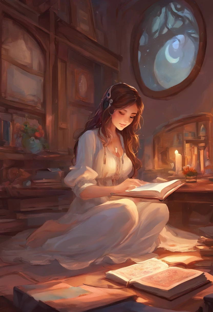 lofi wallpapers in 4k, broadly showing the room, generates me the same girl, lying on the bed, studying the open book in her hand, wearing headphones, pretty girl, long brown hair, image shows more of her body, shows more details of the room, black eyes, more than showing the whites of the eyes, wearing pants and a cold blouse