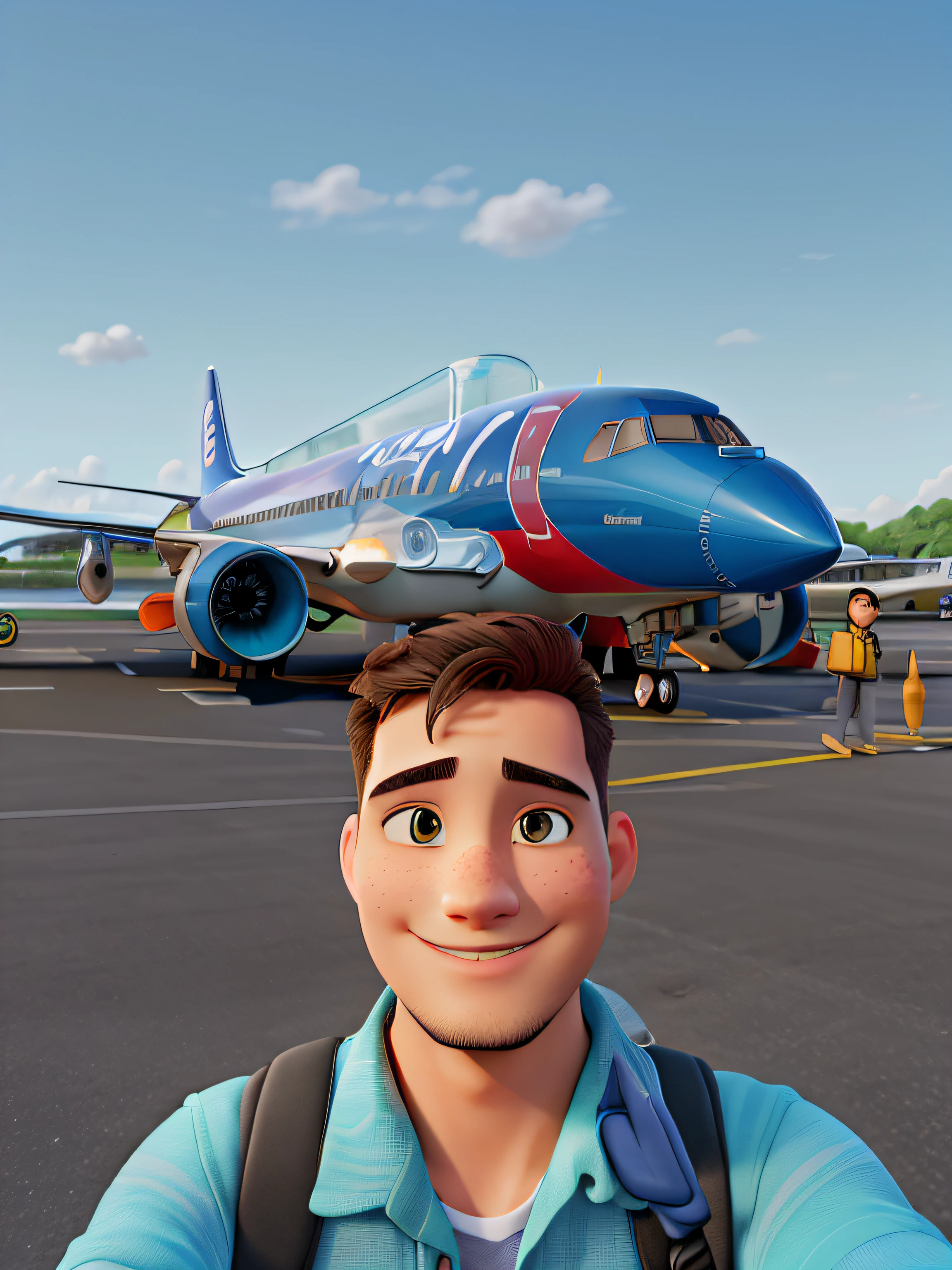 "(best quality, highres), A man taking a selfie with a backpack in front of an airplane, detailed backpack, realistic face expression, detailed eyes and lips, fashionable outfit, airport background, bright lighting, professional photography style, vibrant colors, airport scene, metallic backpack material, sharp focus, selfie stick, airplane as the main subject, modern travel equipment, confident pose, clear blue sky, sunny weather, adventure, travel vibes"