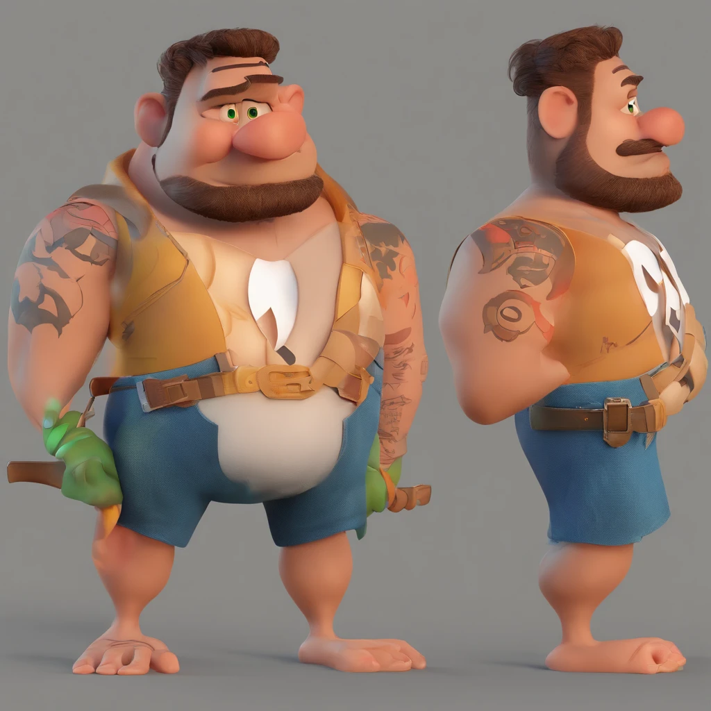 Criar um personagem no estilo Pixar. Trata-se de um homen com 1,38 e 115kikos de 38 anos, com barba, pardo, com cabelos escuros e raspado com uma leva entrada do Aldo esquerdo e direito, e olhos castanhos. Ele deve estar na frente de um computador, Trabalhar como designer