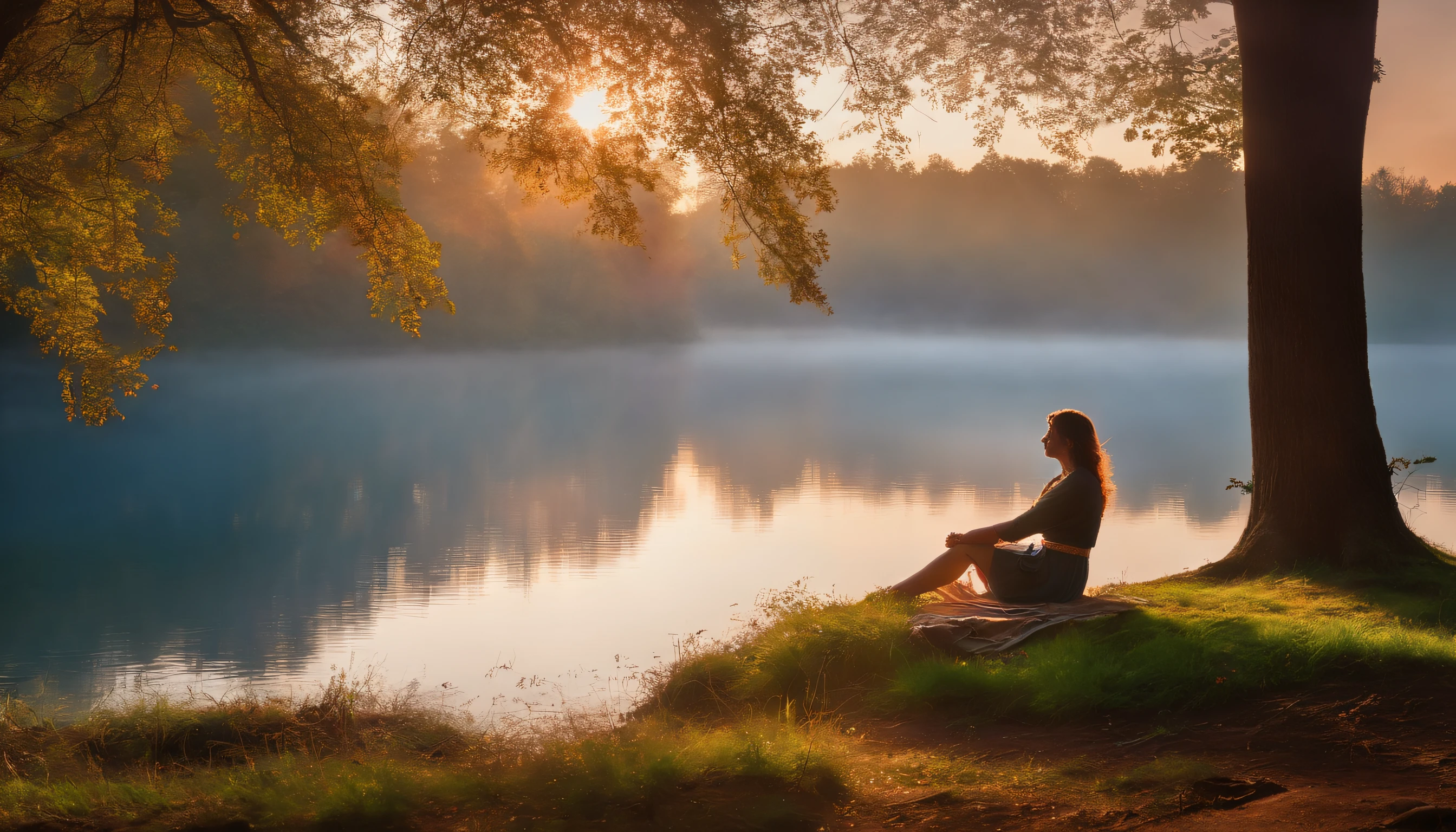 Photography capturing a peaceful morning by a still lake, where a woman reclines against a tree, headphones on, lost in the lofi beats. The gentle mist rises from the surface, and the water reflects the colors of the awakening sky.