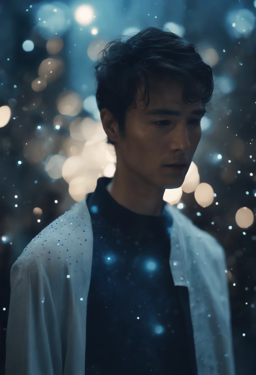 (40-year-old young man in soul body with blue and black ray particles emitting around him), 3D rendering, efeitos especiais do filme, Movie Lighting, Dilapidated city, limpar HD, 8K resolution, Very detailed, pintura digital, arte conceitual, Estilo Shinkai Makoto, Pop Popularization Trend, Pop, Pop trend, Pop Trend on Pixiv.