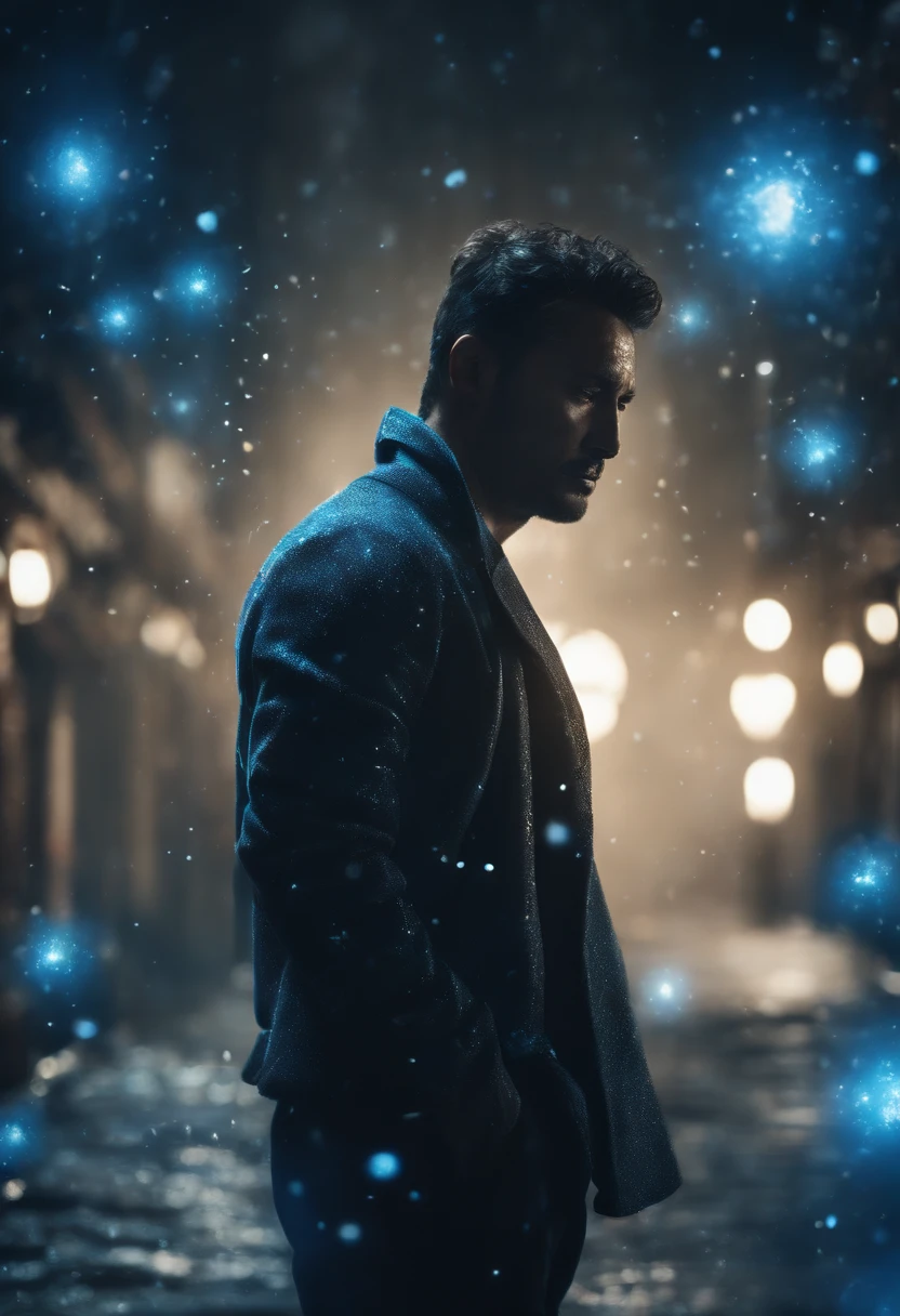 (40-year-old young man in soul body with blue and black ray particles emitting around him), 3D rendering, efeitos especiais do filme, Movie Lighting, Dilapidated city, limpar HD, 8K resolution, Very detailed, pintura digital, arte conceitual, Estilo Shinkai Makoto, Pop Popularization Trend, Pop, Pop trend, Pop Trend on Pixiv.