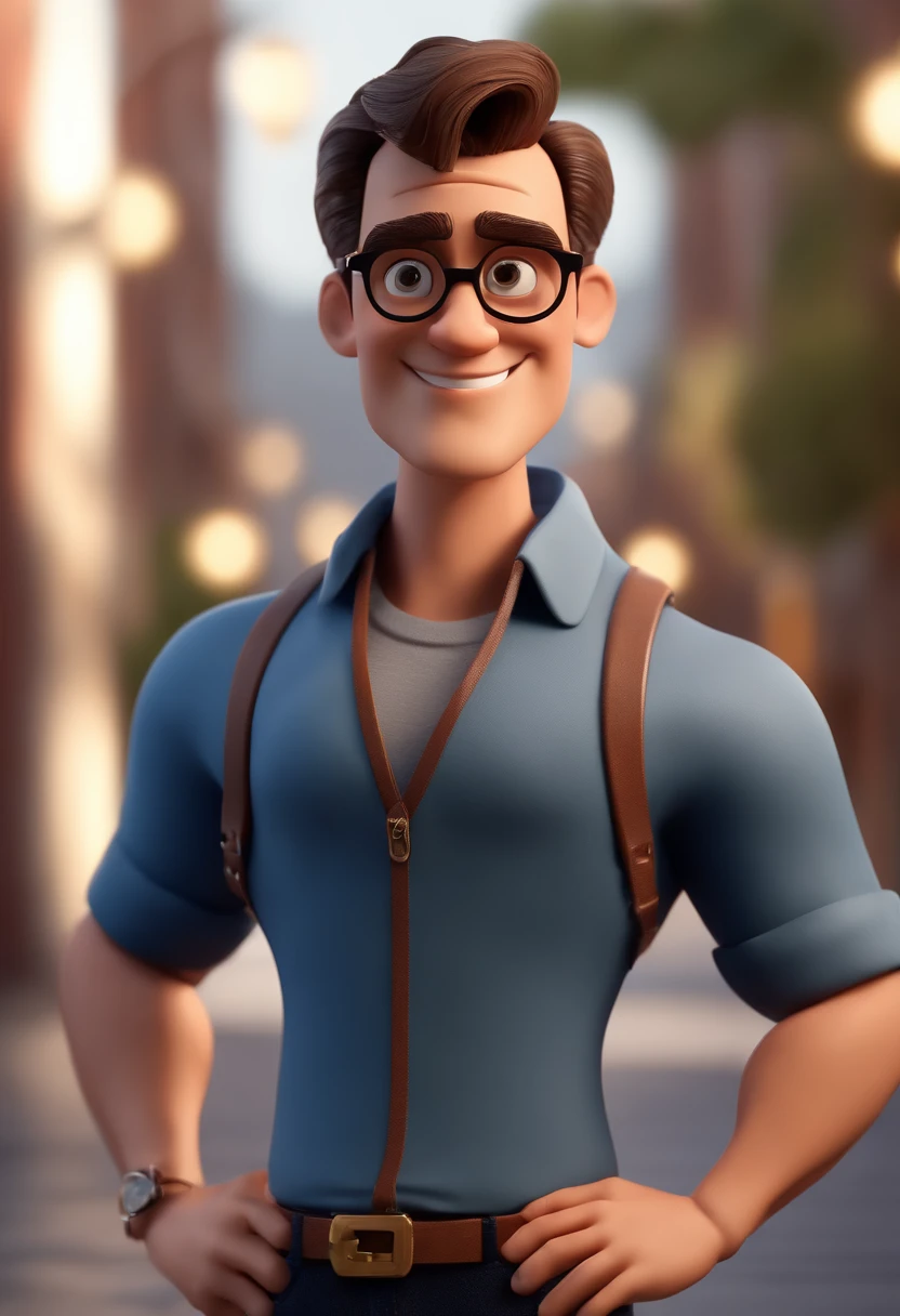 Cartoon character of a man with black glasses and a blue shirt, animation character, Caractere estilizado, animation style rendering, 3D estilizado, Arnold Maya render, 3 d render stylized, toon render keyshot, Personagem 3D, Personagem 3D, 3d rendering stylized, 3 d character render, personagem de desenho animado, Personagem de close up, Pose de personagem, (Estilo Pixar) (master part:1.2) (Bokeh) (best quality) (pele detalhada) (textura detalhada) (8k) (argila) (Cinematic lighting) (foco nítido