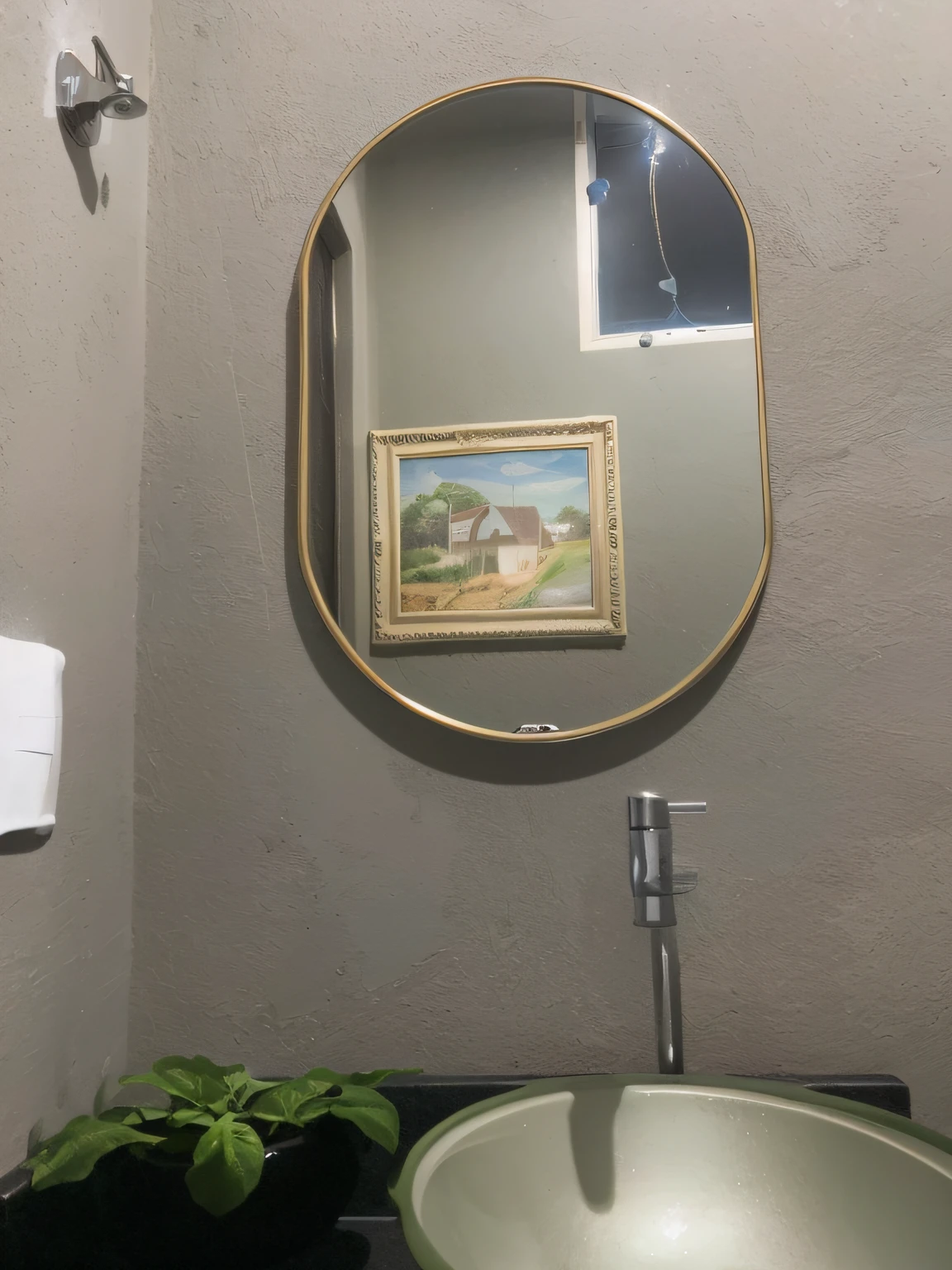 There's a picture of a bathroom with a mirror above the sink, no banheiro, espelho redondo na parede, mirror and glass surfaces, com um espelho, Beautiful image, em um banheiro, Directed by: Nandor Soldier, dentro de uma moldura em uma parede de azulejos, visual vintage, classic paint, solo portrait 🎨🖌️, Painitng