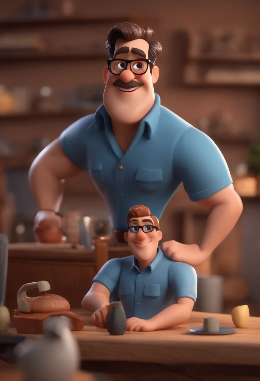 Cartoon character of a man with black glasses and a blue shirt, animation character, Caractere estilizado, animation style rendering, 3D estilizado, Arnold Maya render, 3 d render stylized, toon render keyshot, Personagem 3D, Personagem 3D, 3d rendering stylized, 3 d character render, personagem de desenho animado, Personagem de close up, Pose de personagem,  (Estilo Pixar) (master part:1.2) (Bokeh) (best quality) (pele detalhada) (textura detalhada) (8k) (argila) (Cinematic lighting) (foco nítido