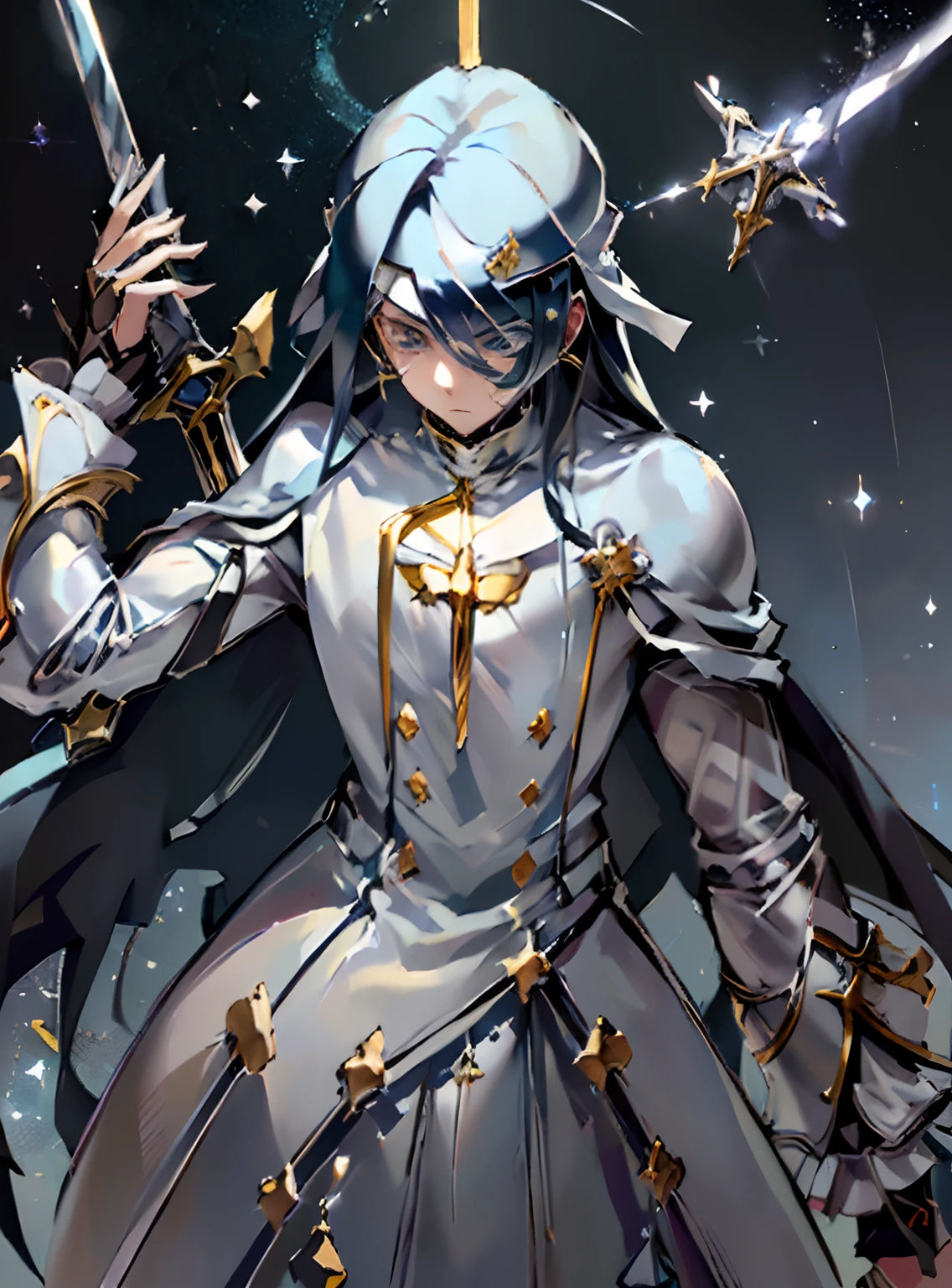 ((Sistermon Ciel as a boy)),((1boy:1.2)),(solo), ((dark blue hair)),long hair,very long hair,((white battlepriest outfit)),one eye covered,long sleeves,STANCE,star \(sky\),(masterpiece), (best quality), HDR, ((high quality, high Aesthetic,Masterpiece )),(( light blue Mouse Habit)),((Holding a sword towards viewer)), ((Anime))