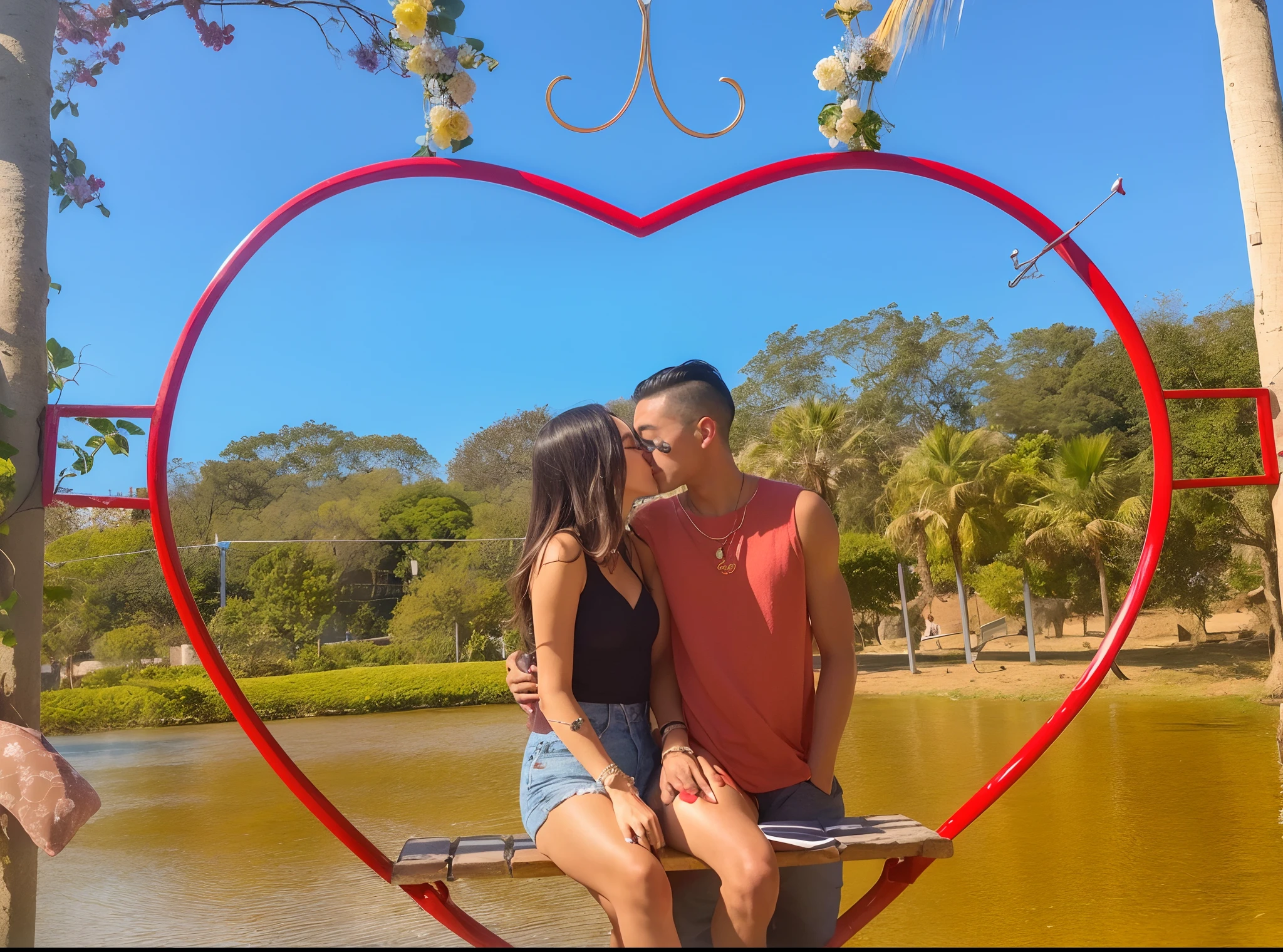 there are two people sitting on a bench in front of a heart shaped frame, couple, couple kissing, in love, in love selfie, by Nรกndor Katona, olivia de bernardinis, โค๐ฅ๐๐ช, edited, ๐ญ ๐คฎ ๐ ๐, 4 k post, 4k post, they are in love, ๐ ๐ ๐ ๐