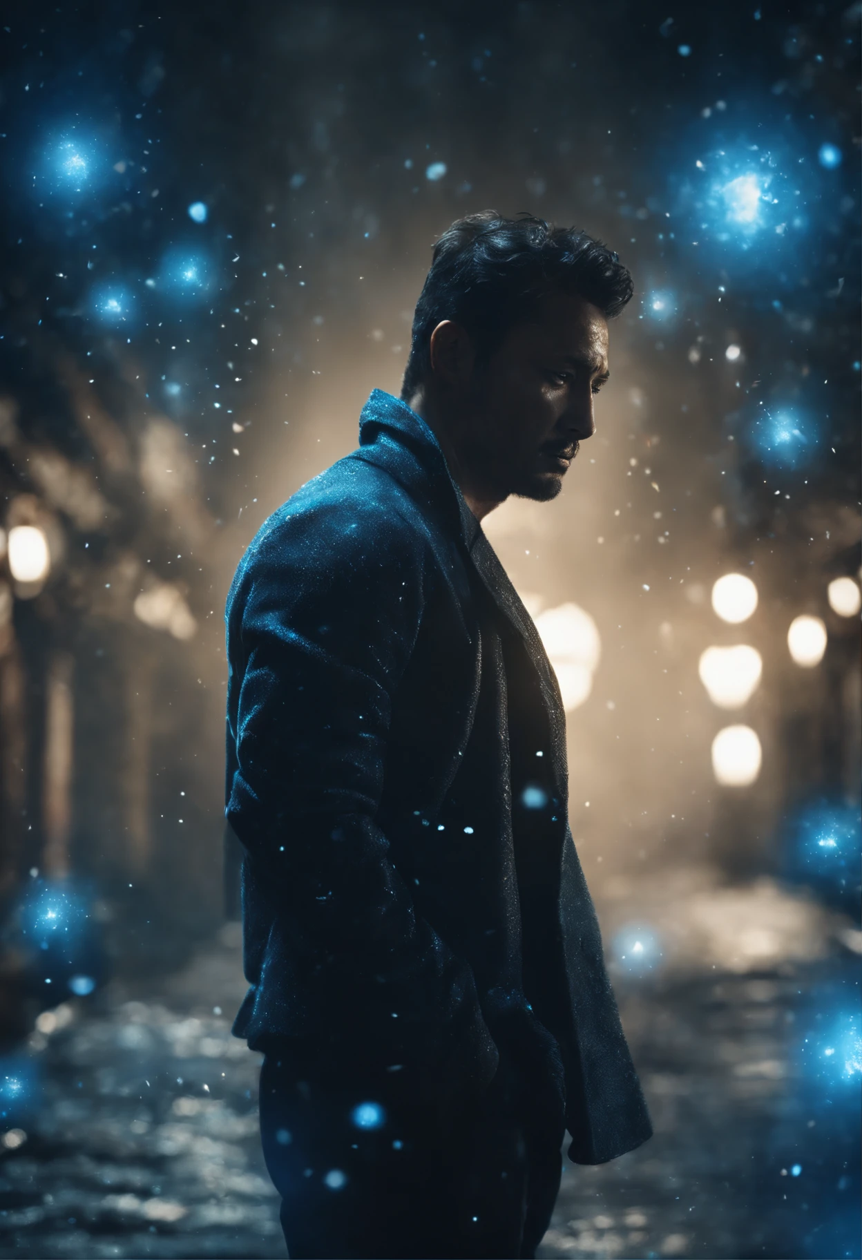 (40-year-old young man in soul body with blue and black ray particles emitting around him), 3D rendering, efeitos especiais do filme, Movie Lighting, Dilapidated city, limpar HD, 8K resolution, Very detailed, pintura digital, arte conceitual, Estilo Shinkai Makoto, Pop Popularization Trend, Pop, Pop trend, Pop Trend on Pixiv.